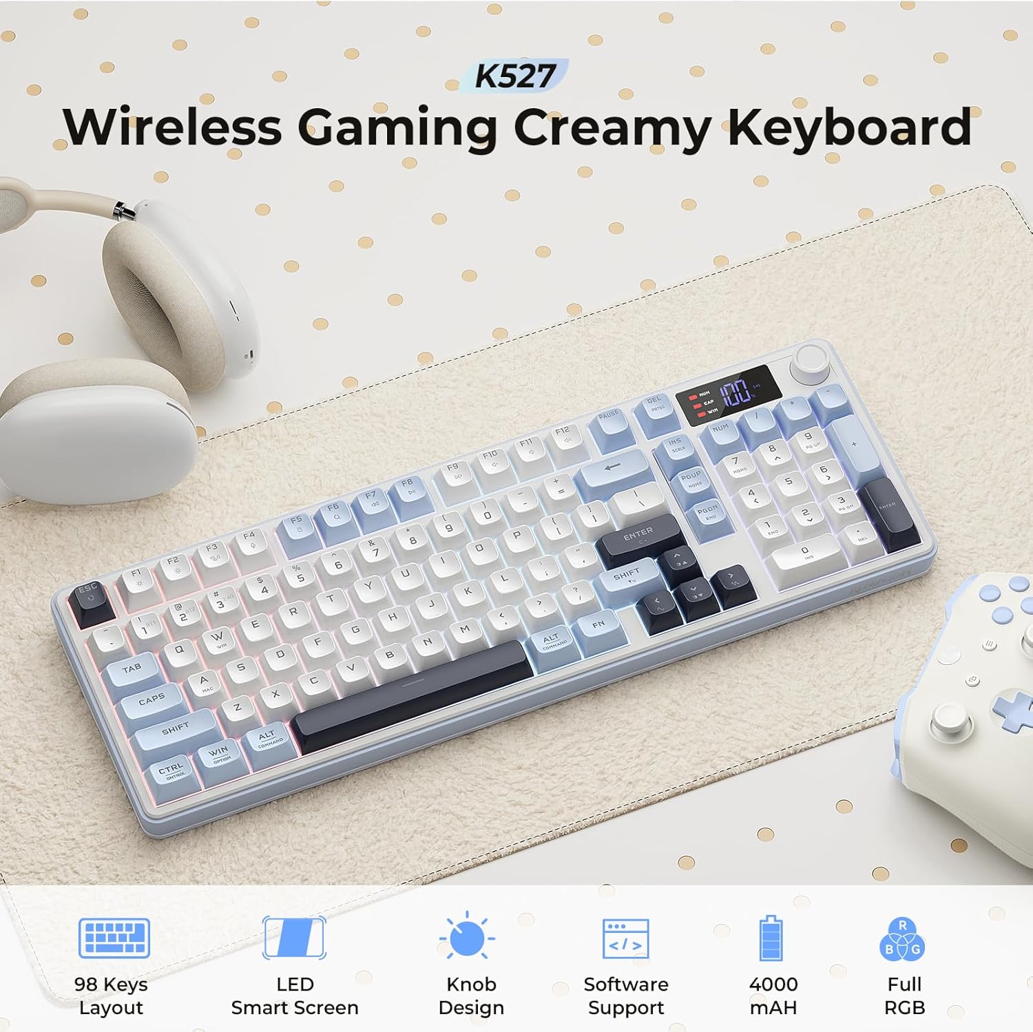 Thumbnail 1 de Redragon Wireless Gaming Keyboard, 98-Key Tri-Mode with Knob, Display, and PBT Keycaps