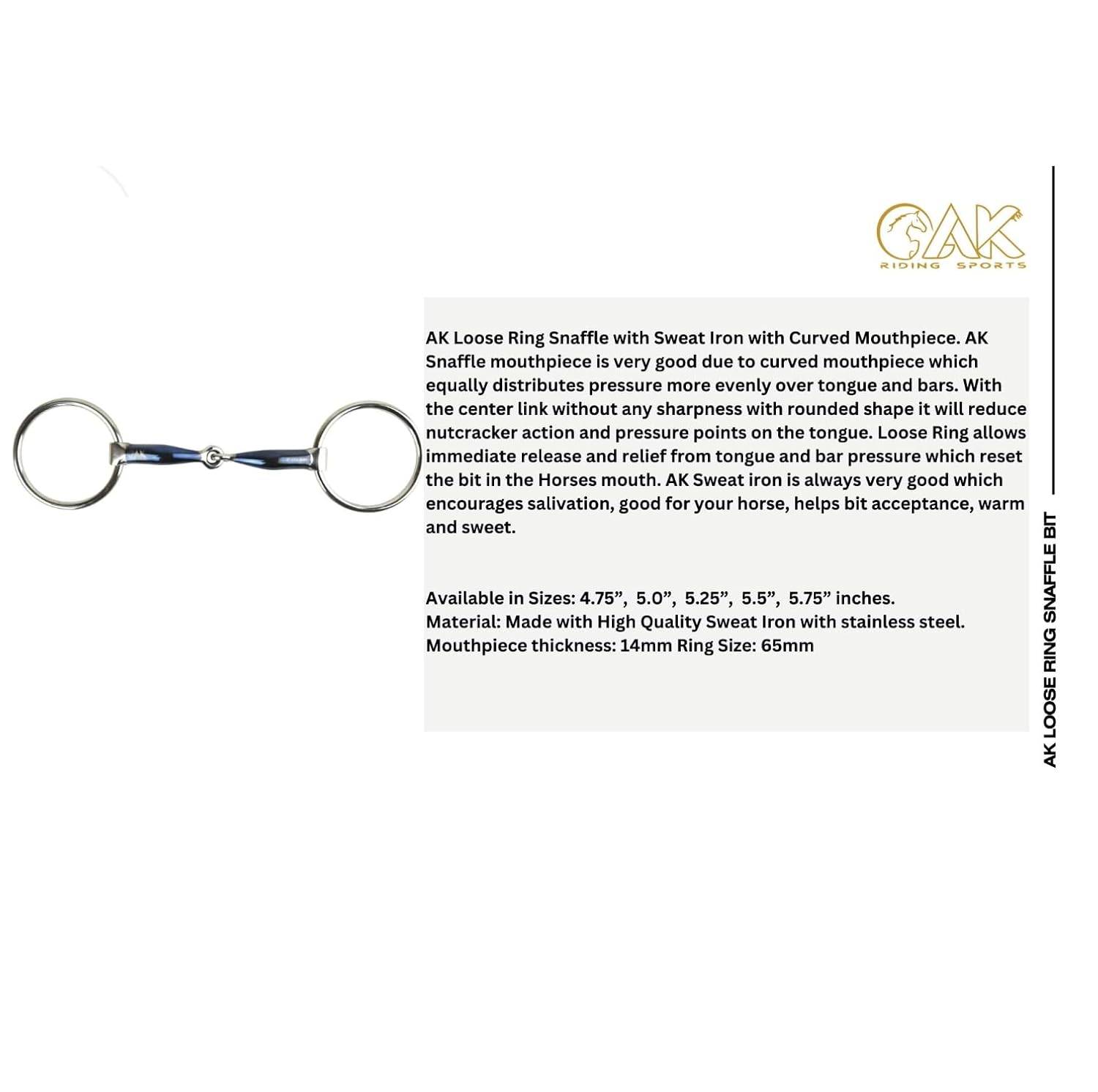 Detalle 2 de AK Loose Ring Snaffle with Sweat Iron and Curved Mouthpiece (5.25in, Blue-Silver) horse riding bit