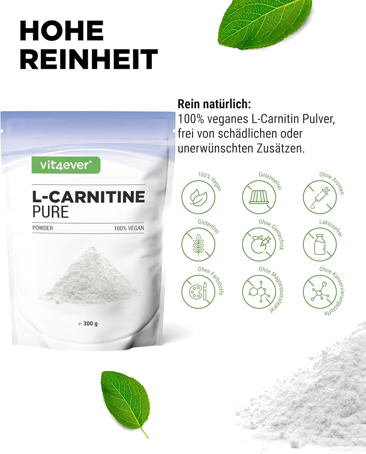 Detalle de vit4ever L-Carnitin Pure 300 g Pulver (L-Carnitin-Tartrat) – 100 Portionen