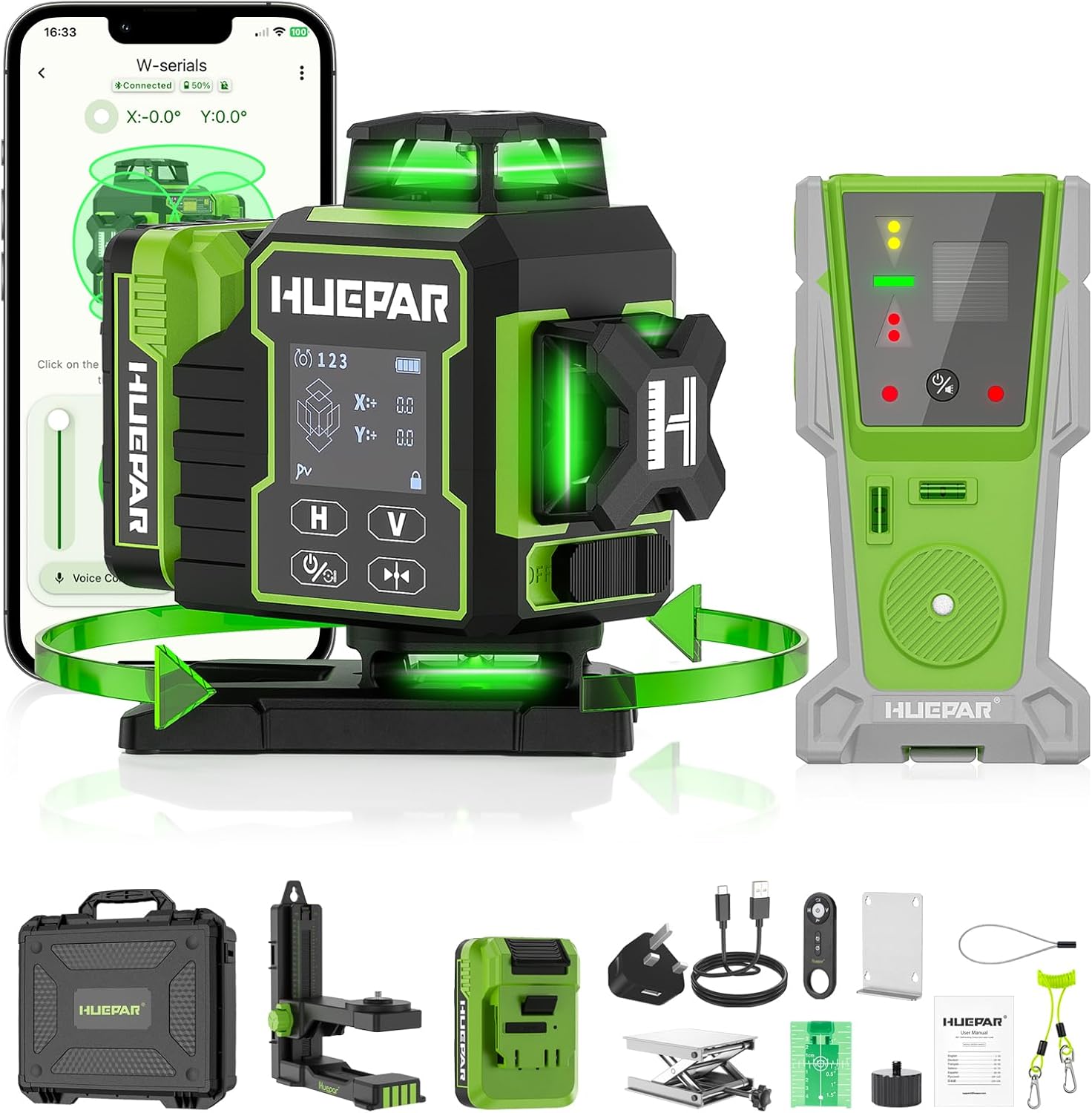 Detalle de Huepar W04CG 4D 4x360° Green Laser Level with Receiver (up to 400 ft)