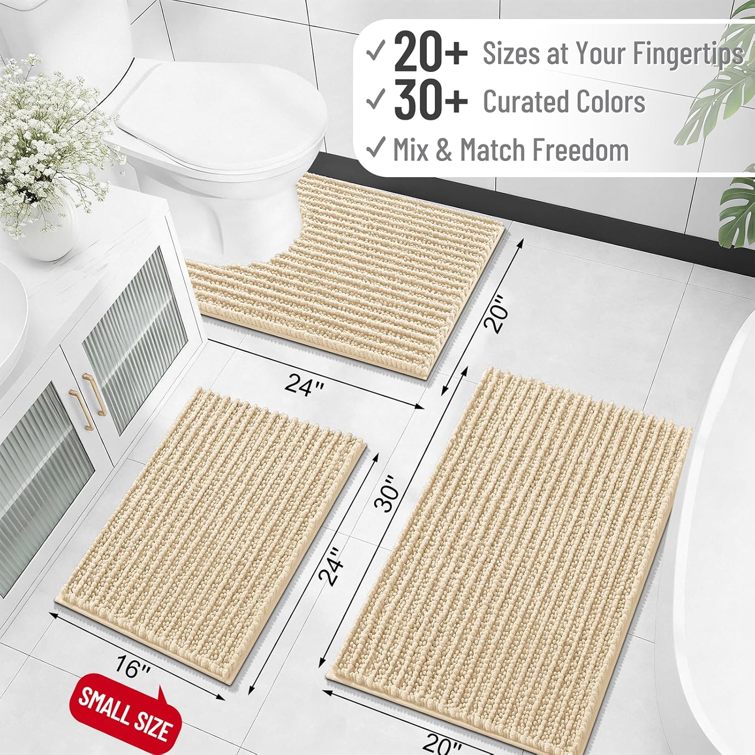 Thumbnail 1 de OLANLY Long Bathroom Rugs Runner (47x20) Chenille Bath Mat in Beige