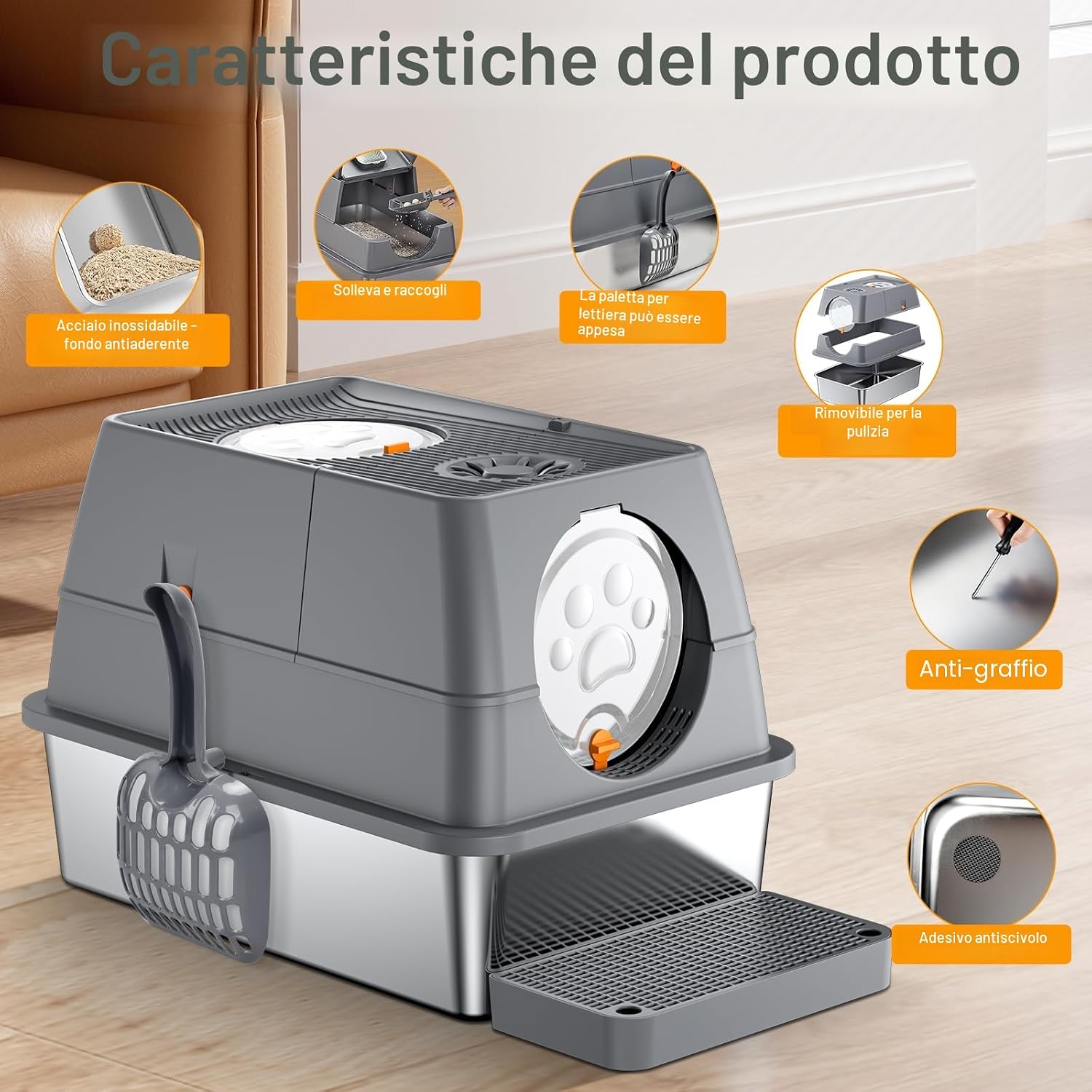 Thumbnail 2 de QEANY lettiera per gatti in acciaio inox XXL con coperchio 60 x 40 x 39 cm, grande e chiusa (con pala e tappetino)