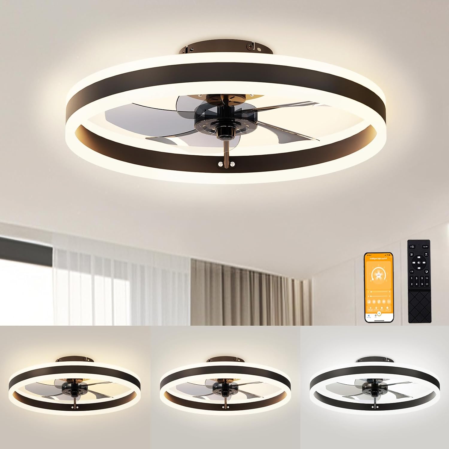 Detalle de VOLISUN 21236ZM Low-Profile Ceiling Fan with Light, Remote and Dimmable LED