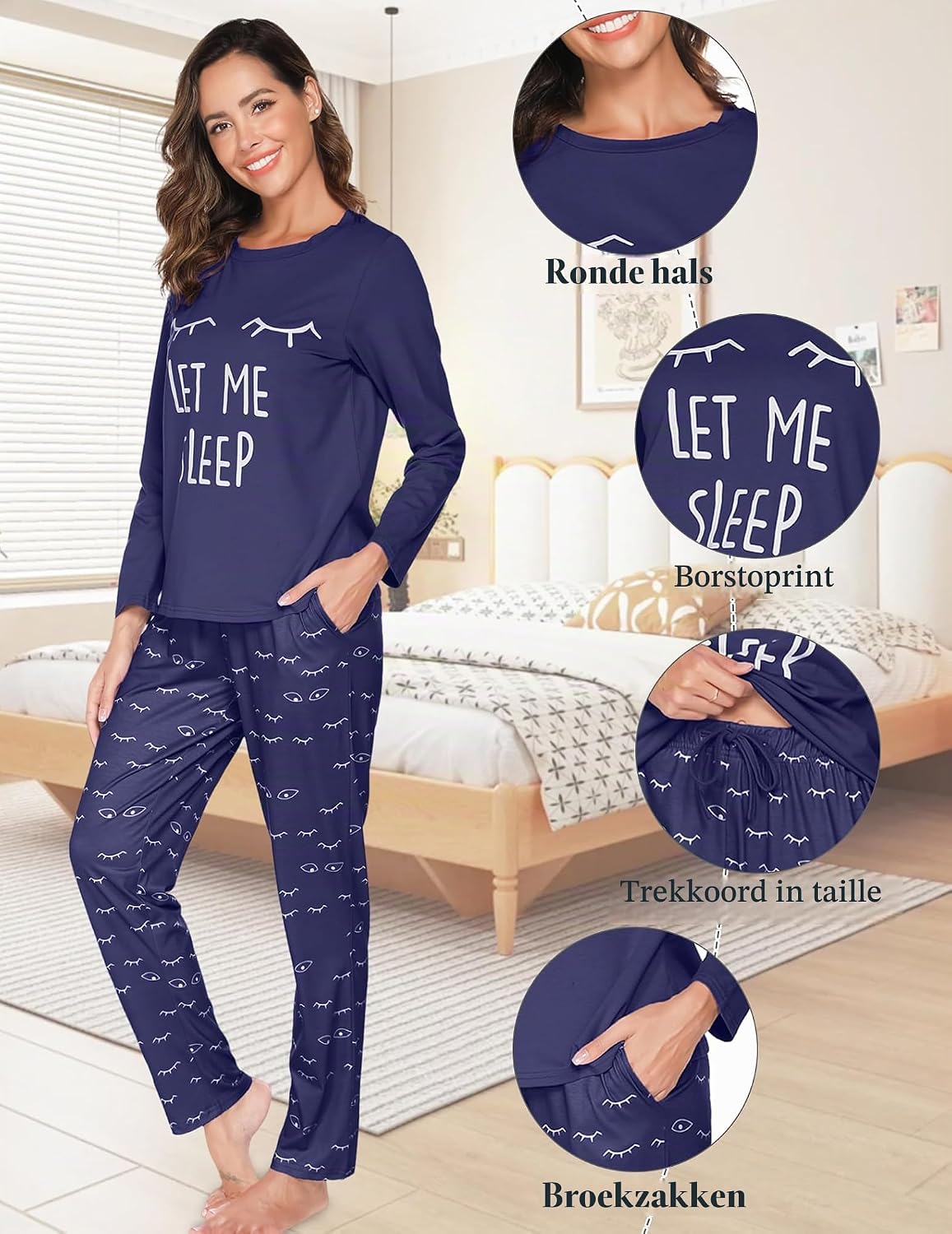 Detalle de Cotton Lounge Set katoenen damespyjama met ronde hals en lange mouwen