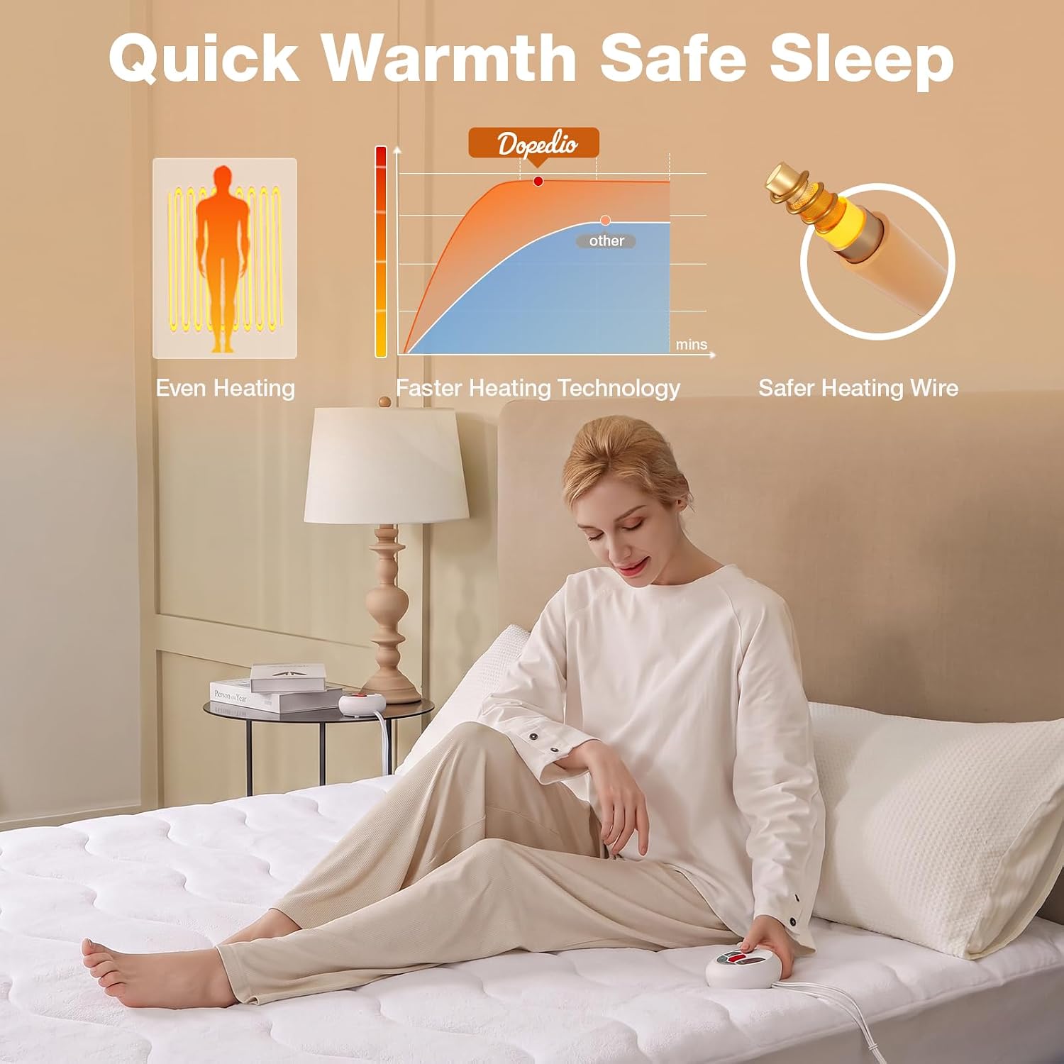 Detalle de DOPEDIO HLMP-CF-SW-F Full Size Heated Mattress Pad, Coral Fleece