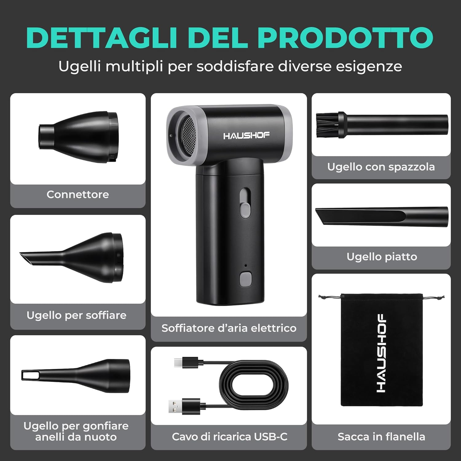 Detalle 2 de HAUSHOF Mini Soffiatore di Polvere Elettrico: potenza, portabilità e versatilità in un pacchetto da 235 g