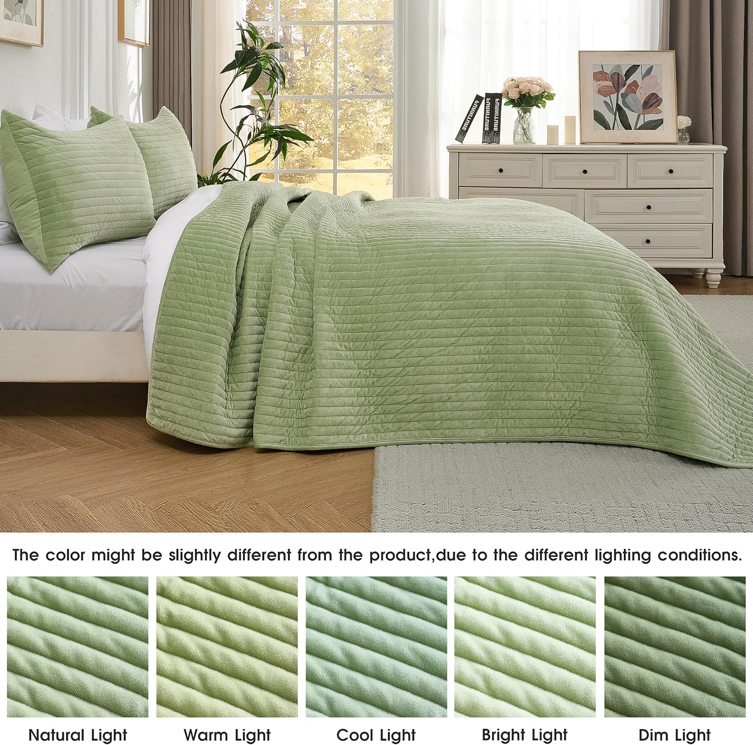 Thumbnail 2 de Velvet Quilt Set Queen Size (3 Piece) in Sage Green — Lightweight, Soft, Breathable Velvet Bedding