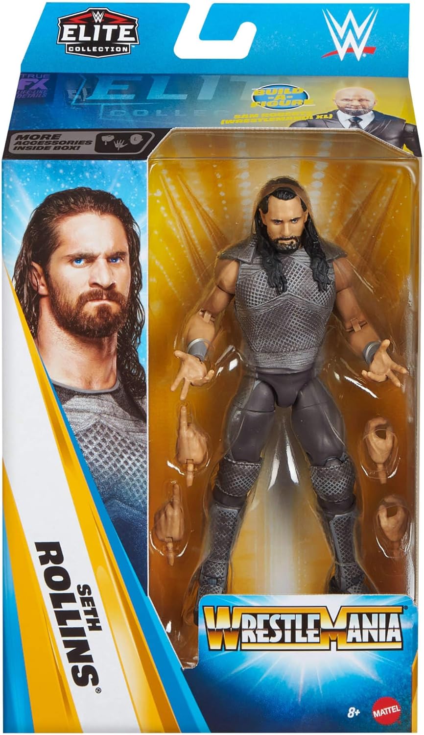 Detalle de Mattel WWE Elite Collection Seth Rollins Premium Live Event – Action figure WrestleMania con pezzi per Sam Roberts