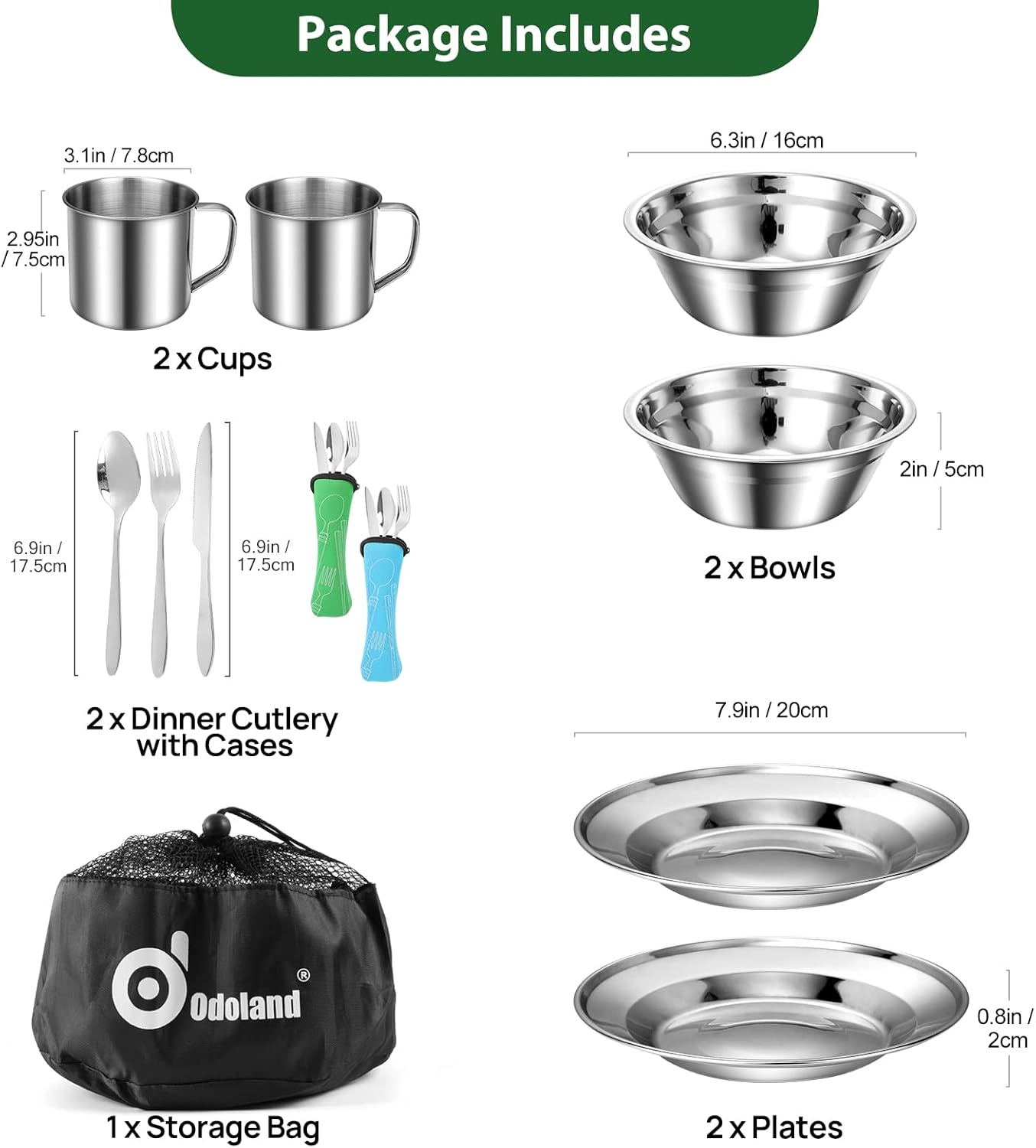 Thumbnail 1 de Odoland set di stoviglie da campeggio per 2 persone in acciaio inox (15 pezzi) con borsa a rete