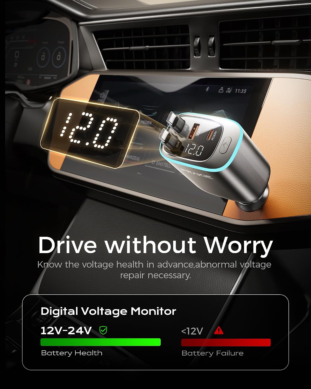 Thumbnail 5 de Retractable 4-in-1 Multi Fast Car Charger with Dual Cables (USB-C & USB-A) – Grey