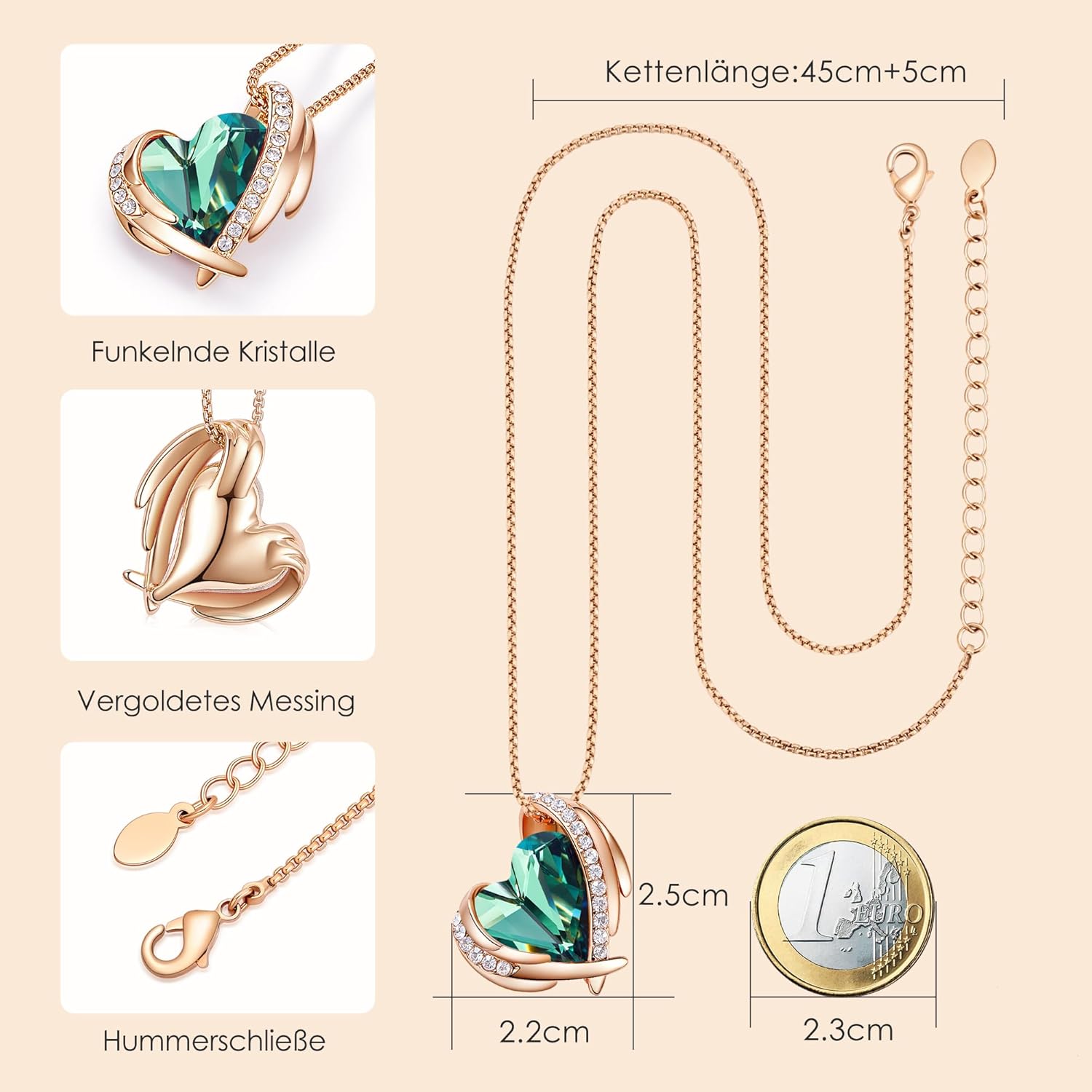 Detalle de CDE Kette Damen Rosegold Herz Anhänger – elegantes Schmuckstück mit Geschenkverpackung