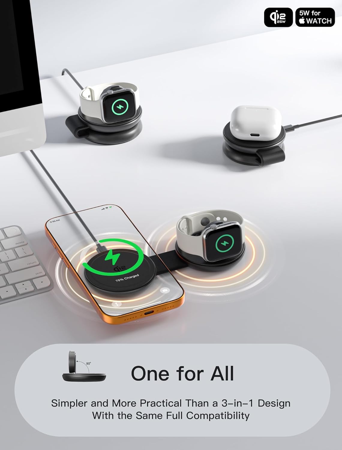 Thumbnail 2 de Station de charge magnétique sans fil 2-en-1 Qi2 25 W (pliable) compatible Mag-Safe et Apple Watch / AirPods