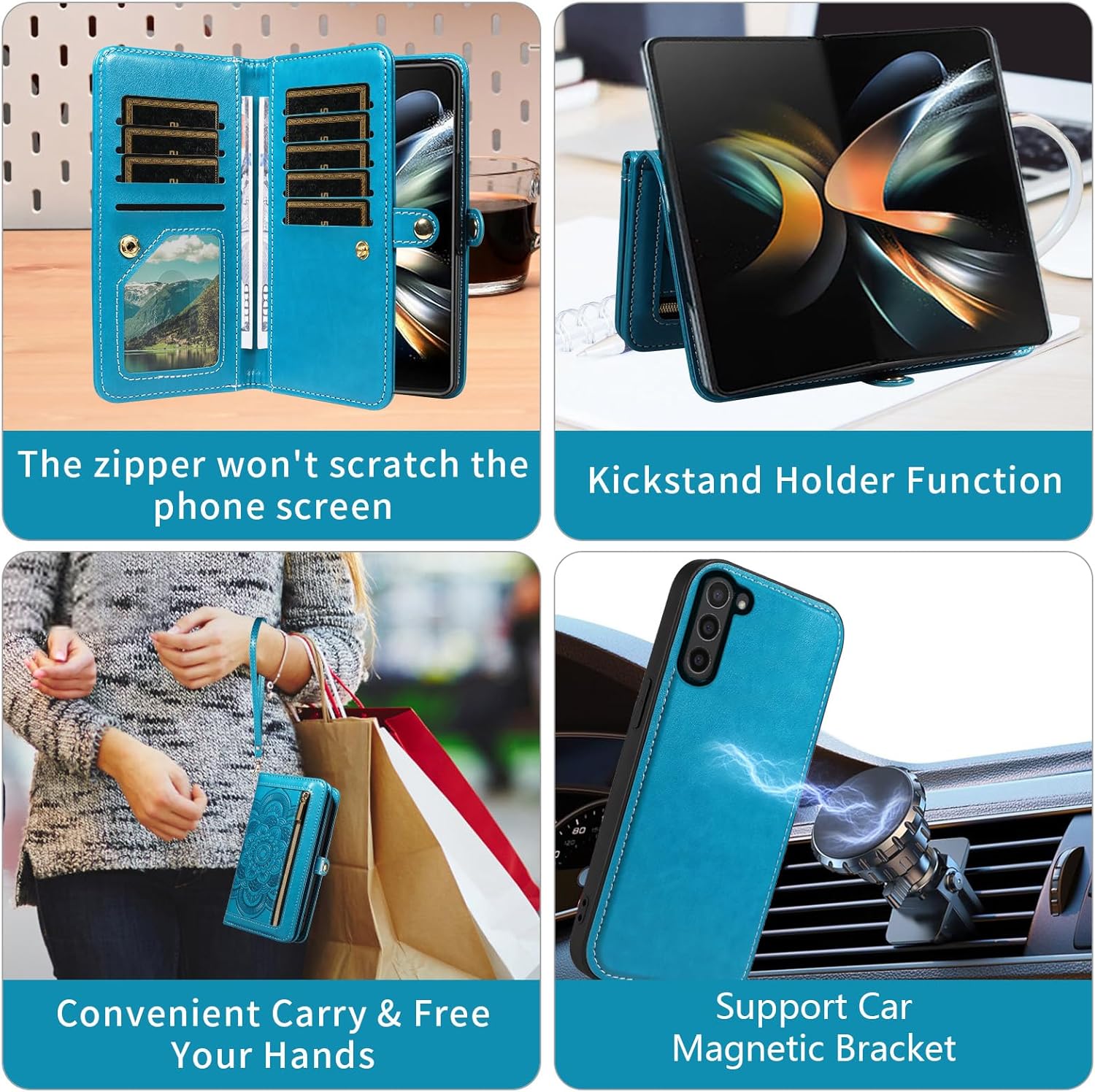 Thumbnail 4 de Asuwish Wallet Case with Detachable Straps for Samsung Galaxy Z Fold5 (Blue)