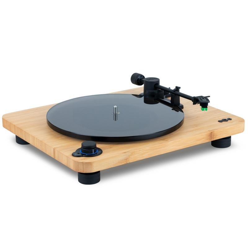 Detalle de The House Of Marley EM-JT010-SB: tornamesa con Bluetooth 5.3 y base de madera y vidrio