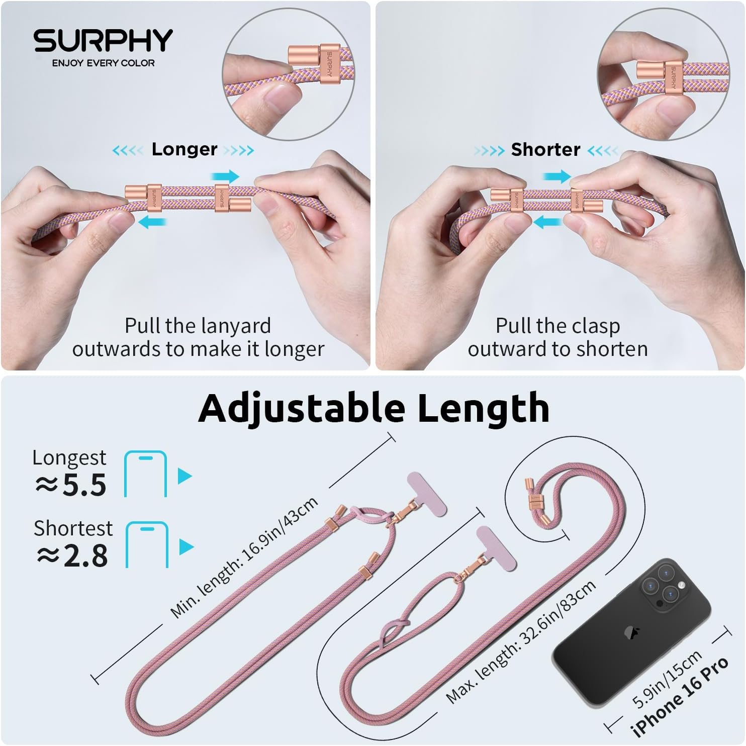 Thumbnail 3 de SURPHY Crossbody Phone Lanyard with 2 Tether Tabs, Adjustable Pink & Purple