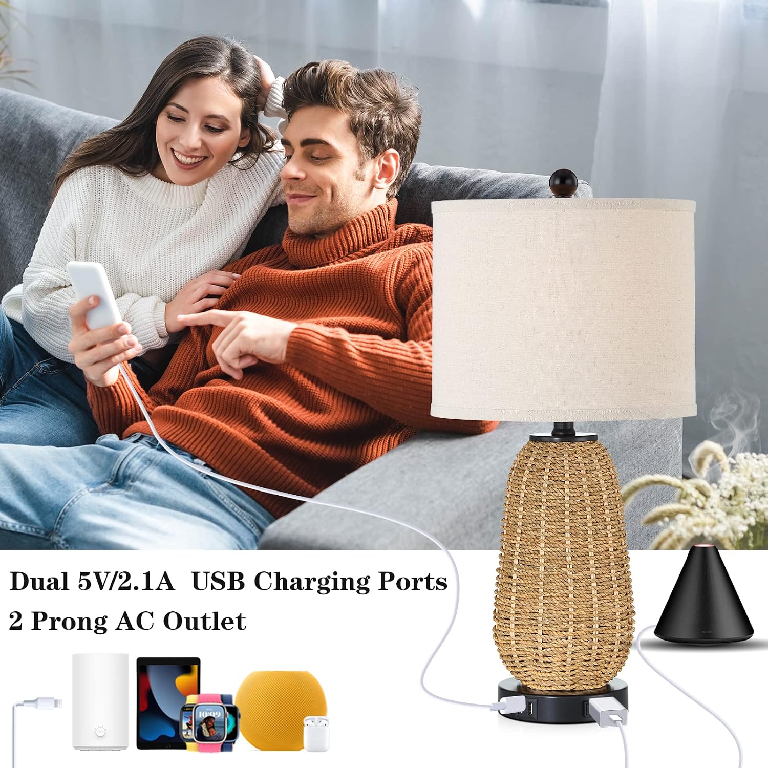 Detalle de CINSARY TD-CS-65 Rattan Table Lamps, Set of 2 with Touch Dimming