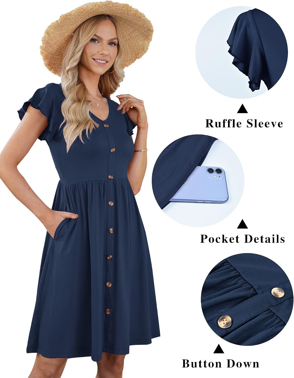 Detalle 2 de AUSELILY Summer Ruffle-Sleeve Midi Dress with Pockets and Elastic Waist