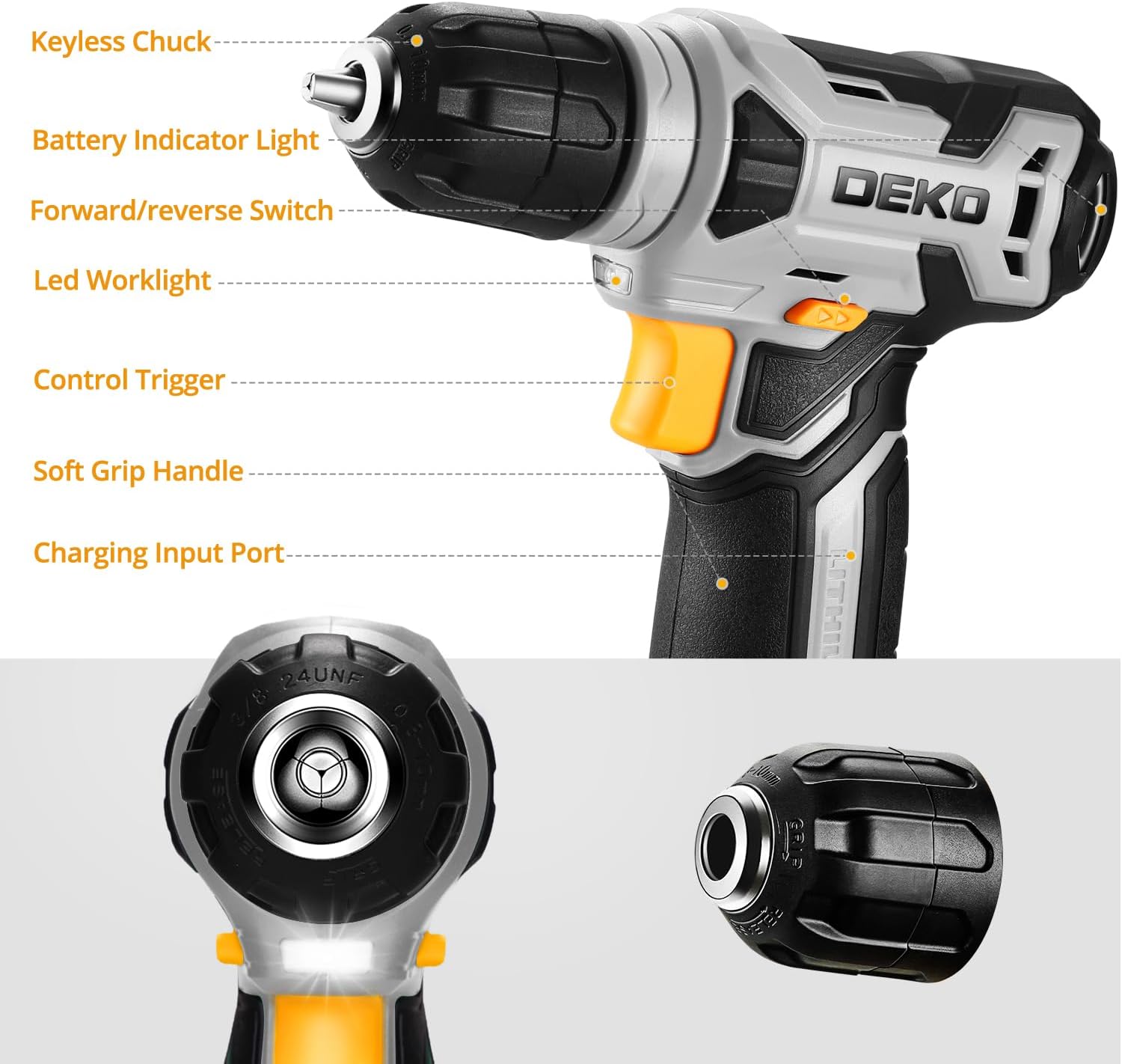 Detalle de DEKOPRO trapano avvitatore senza fili 8 V con mandrino da 10 mm, LED e 42 accessori