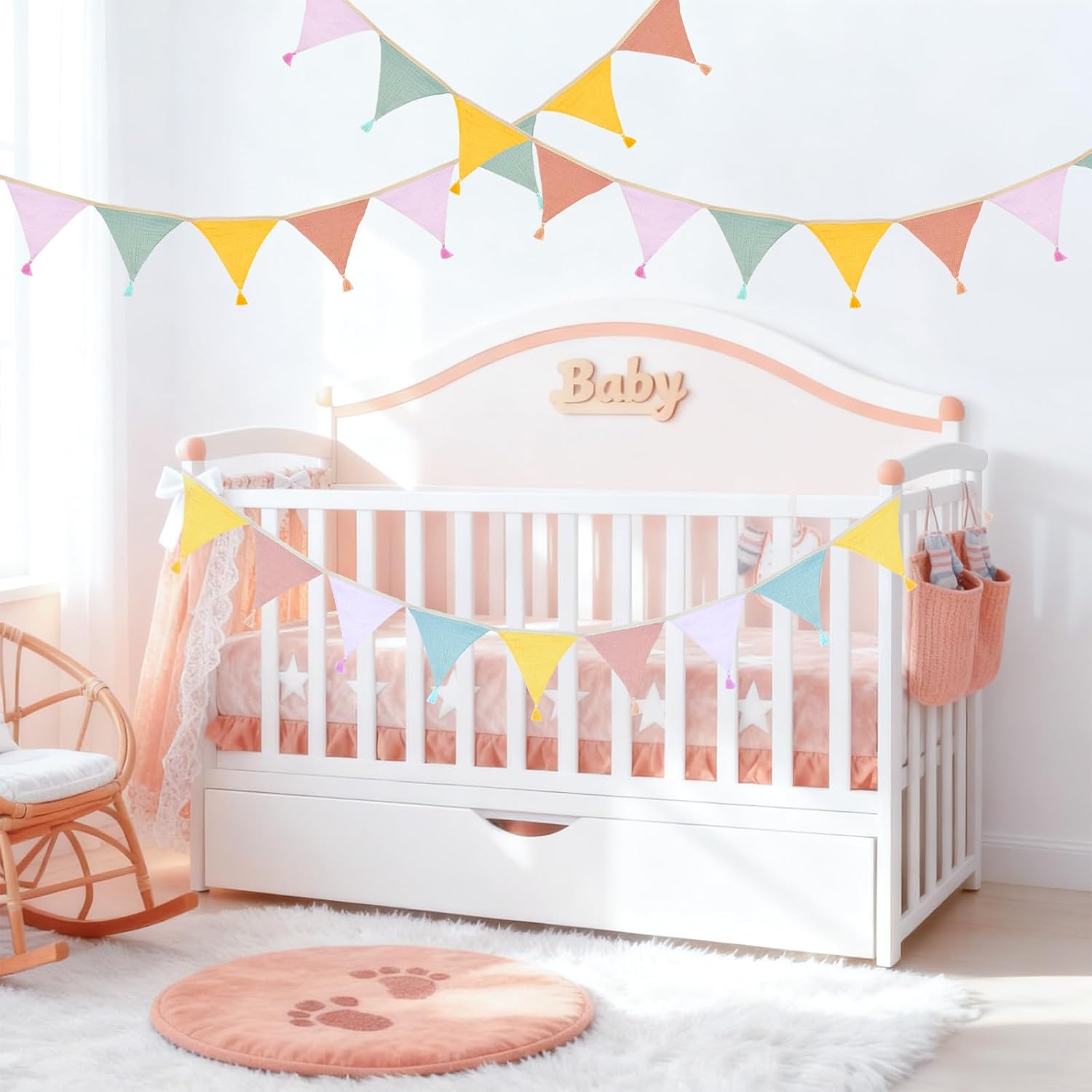 Thumbnail 3 de jijAcraft Wimpelkette für Kinderzimmer mit Quasten (Musselin), 2,8 m, gelb rosa – doppelseitig