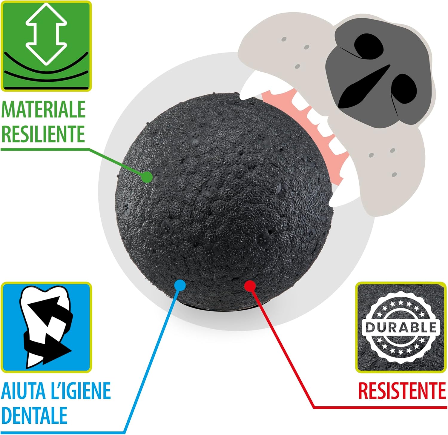 Detalle de Ferplast Chewa Boing Palla per Cane Grande (diametro 8 cm) nera: gioco rimbalzante e galleggiante per igiene dentale