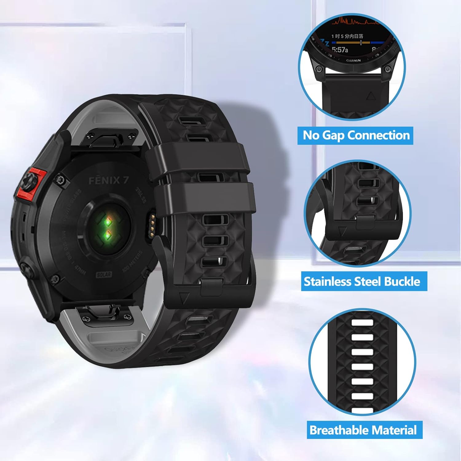 Thumbnail 1 de LanQii 22 mm QuickFit Silikon-Armband (schwarz/grau) für Garmin Tactix 8 & Fenix 47 mm