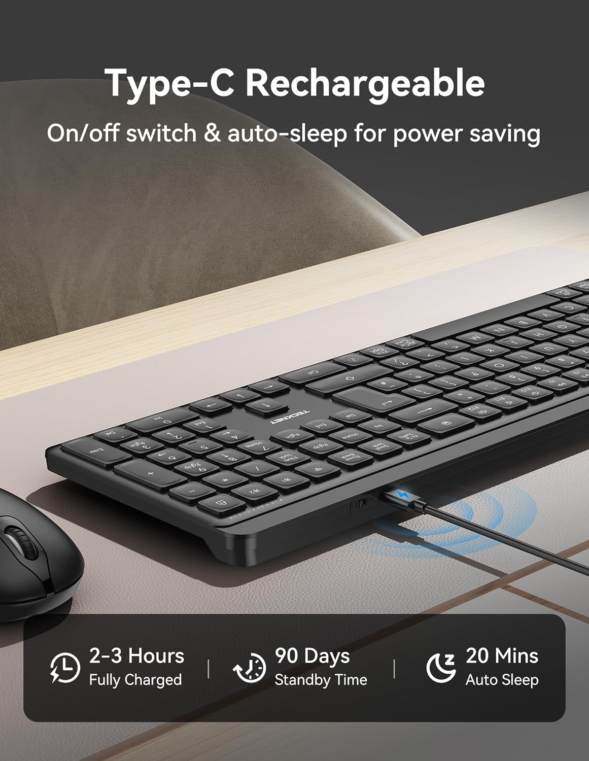 Detalle de TECKNET Silent Wireless Keyboard: UK layout, multi‑device connect (2.4GHz + Bluetooth) with ergonomic design