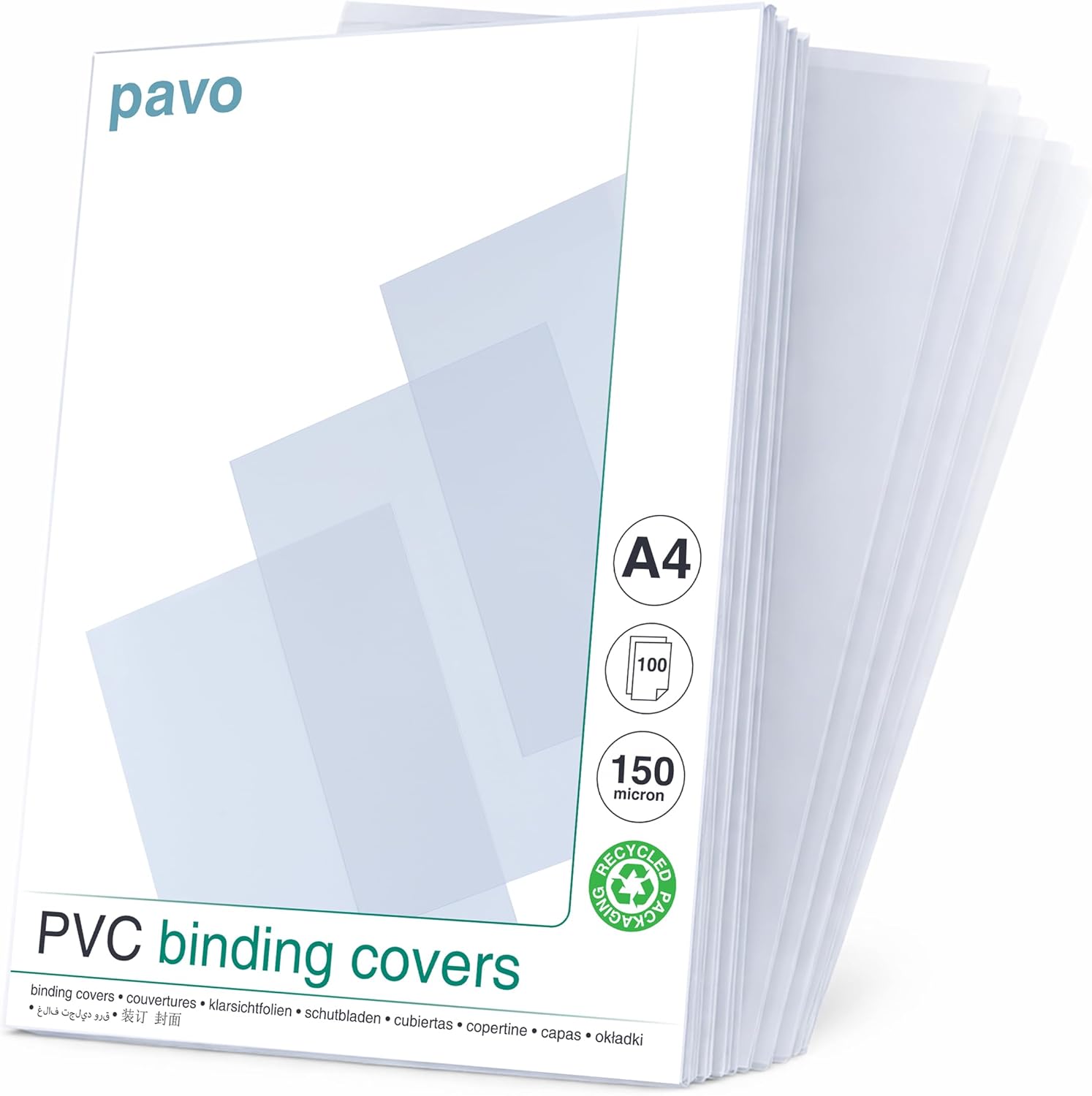 Detalle de Pavo A4 Copertine per Raccoglitori PVC 150 micron, trasparenti, confezione da 100 fogli