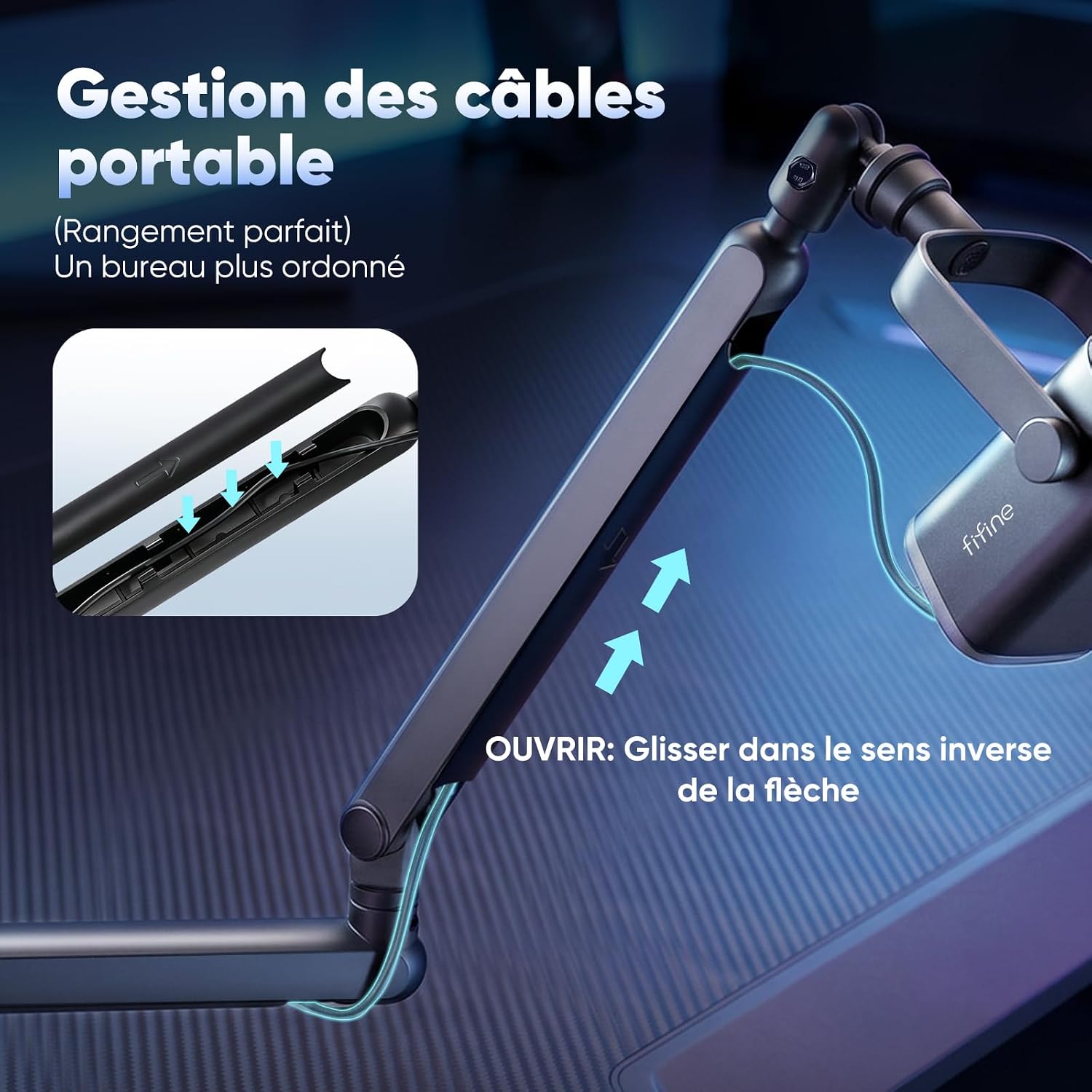 Detalle de FIFINE Bras de Microphone Pivotant pour K658/K688/A8 – Suspension, Pince de Bureau et Gestion des Câbles
