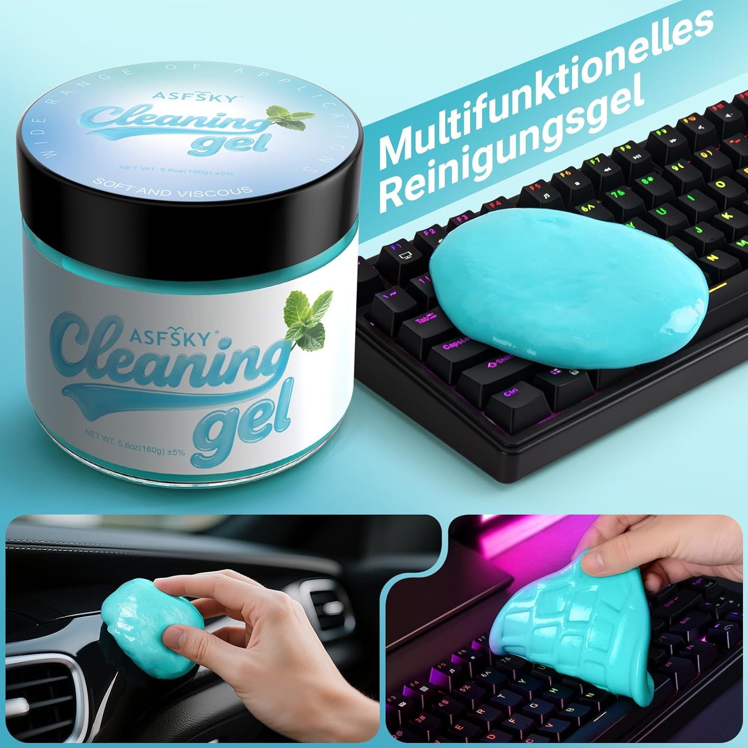 Detalle 2 de ASFSKY Gel de nettoyage pour clavier de voiture – Gel universel pour ordinateur, imprimante et appareils photo (bleu ciel)