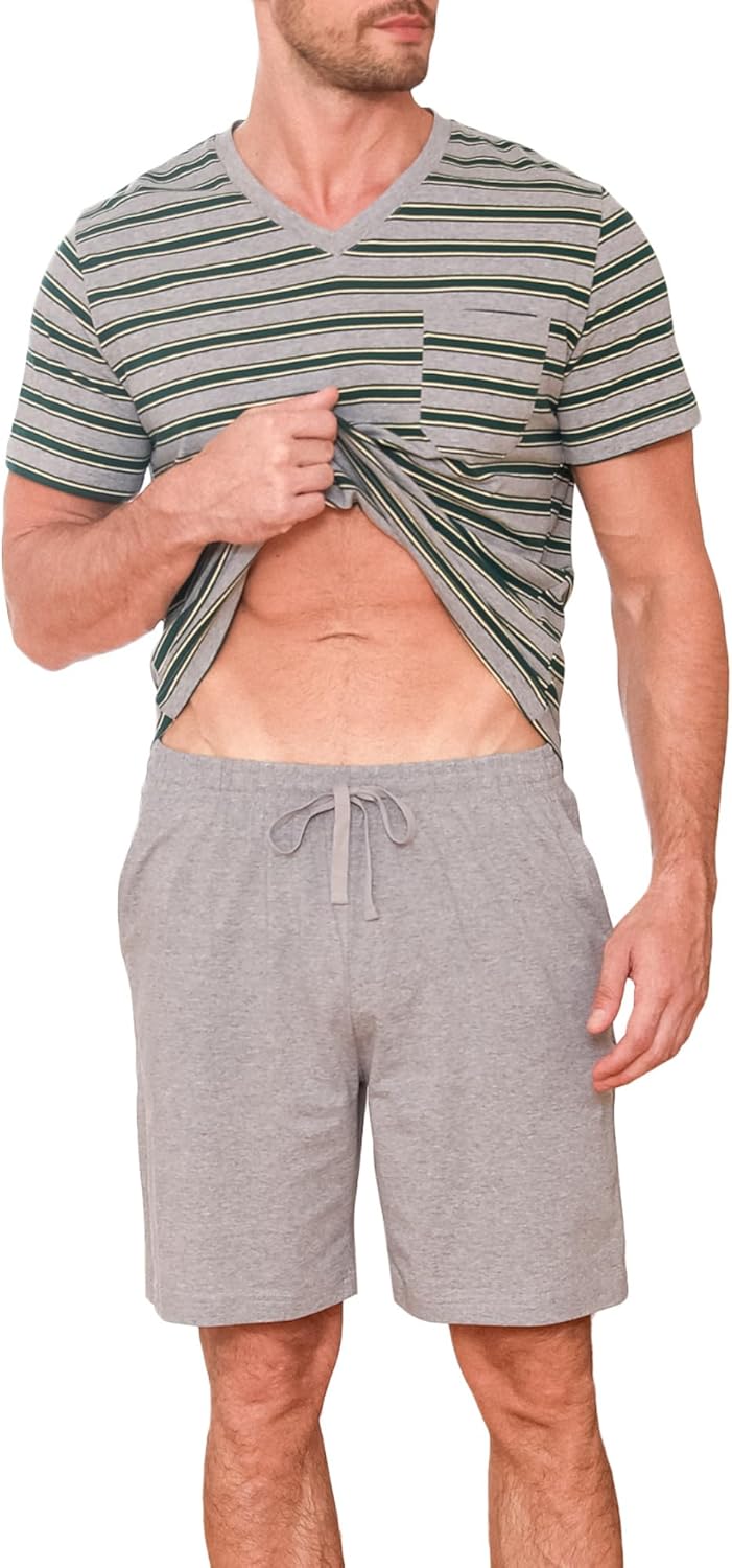 Detalle 2 de Winovia Schlafanzug Herren Kurz – Sommer Pyjama Set aus Baumwolle, gestreift, V-Ausschnitt, Brusttasche