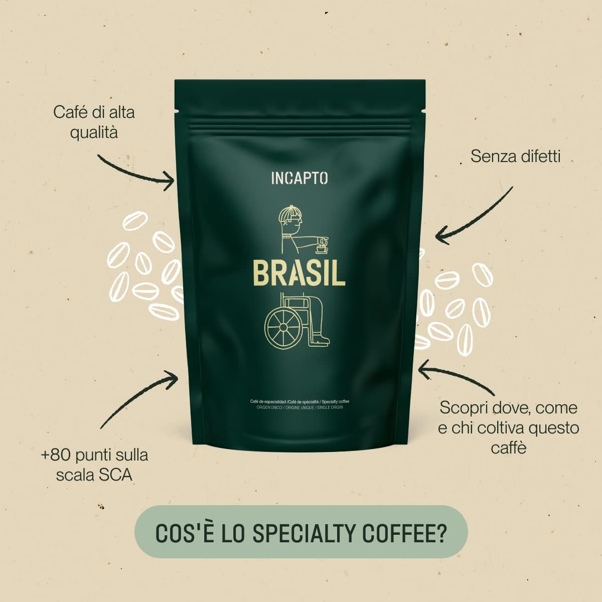 Detalle de Incapto Caffè in grani di specialità 1 kg (Brasile, 100% Arabica) | Tostatura naturale