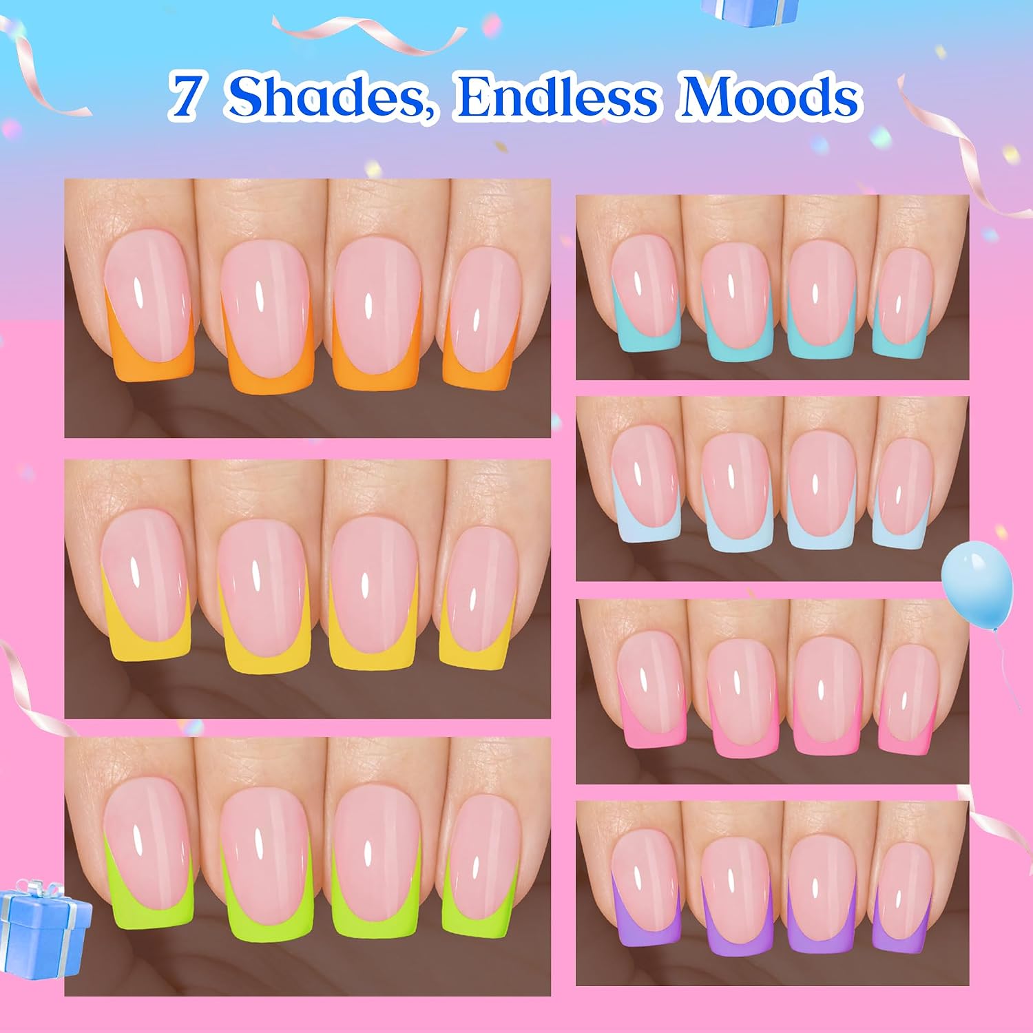 Detalle de Beetles Summer Press On Nails (224 pcs, 7 colors) Short Square French Tip False Nails