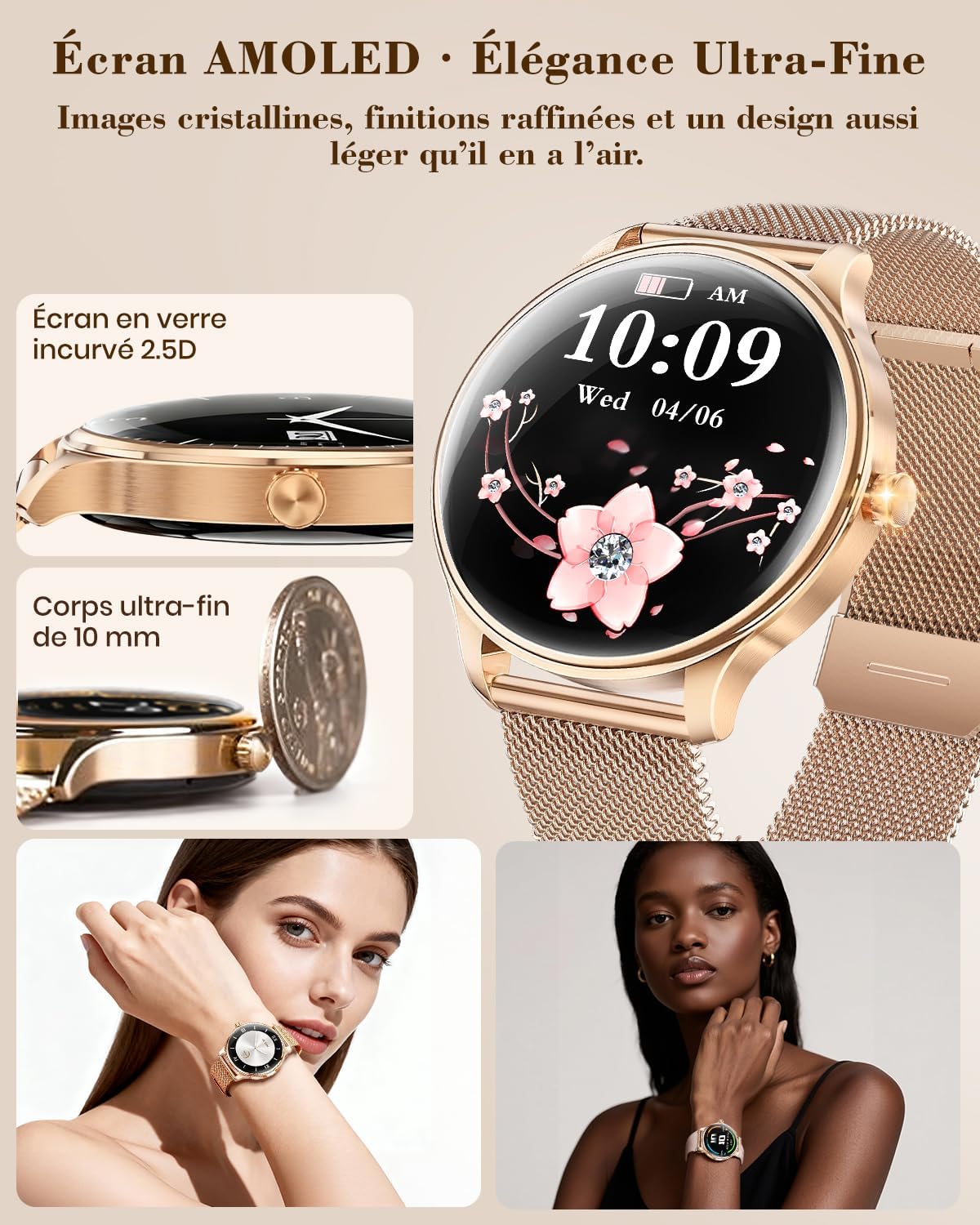 Detalle de WalkerFit Smartwatch Damen Rund 1,43" AMOLED – IP68, Bluetooth Anrufe, 120+ Sportmodi, Roségold