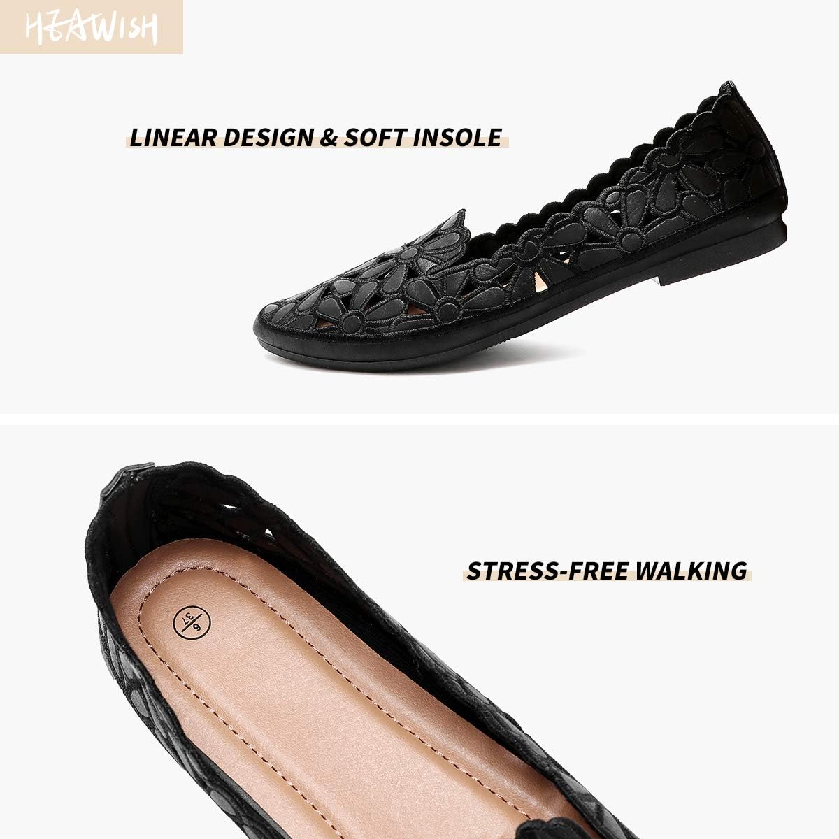 Detalle de HEAWISH Women’s Floral Ballet Flats (Black/Beige) — Slip-On Round-Toe Dress Shoes