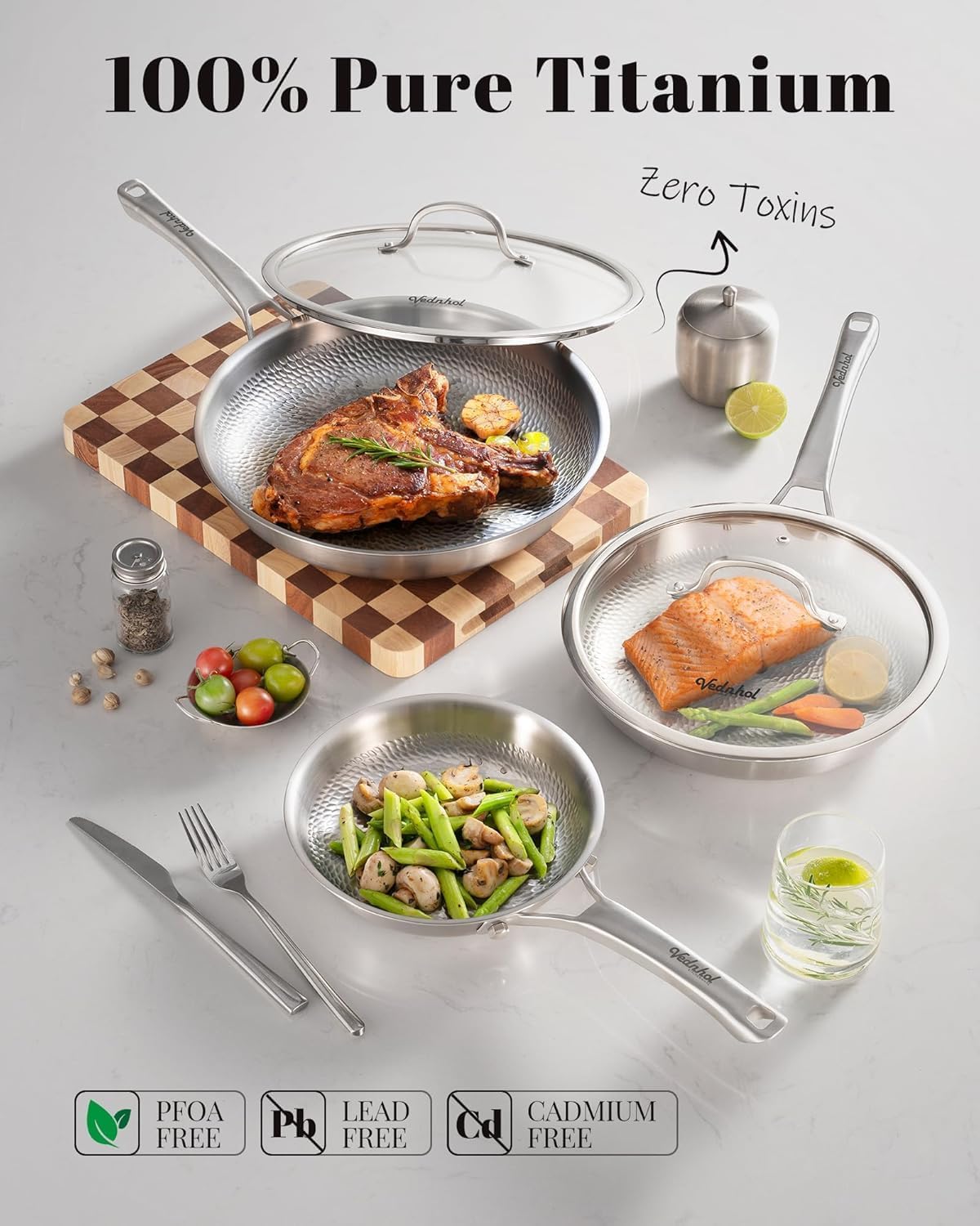 Detalle 2 de VEDNHOL Titanium Frying Pan Set, 8-, 10- & 12-Inch, 2 Lids