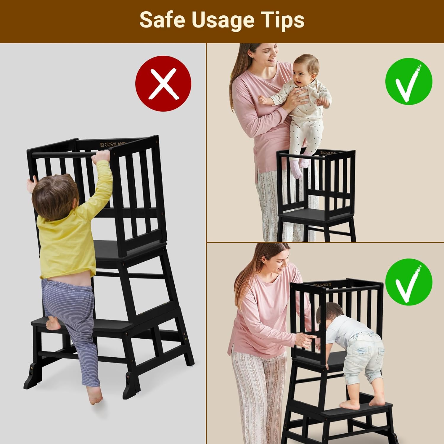Detalle de COSYLAND Toddler Kitchen Step Stool Tower – Bamboo Learning Stool for Kitchen Counter