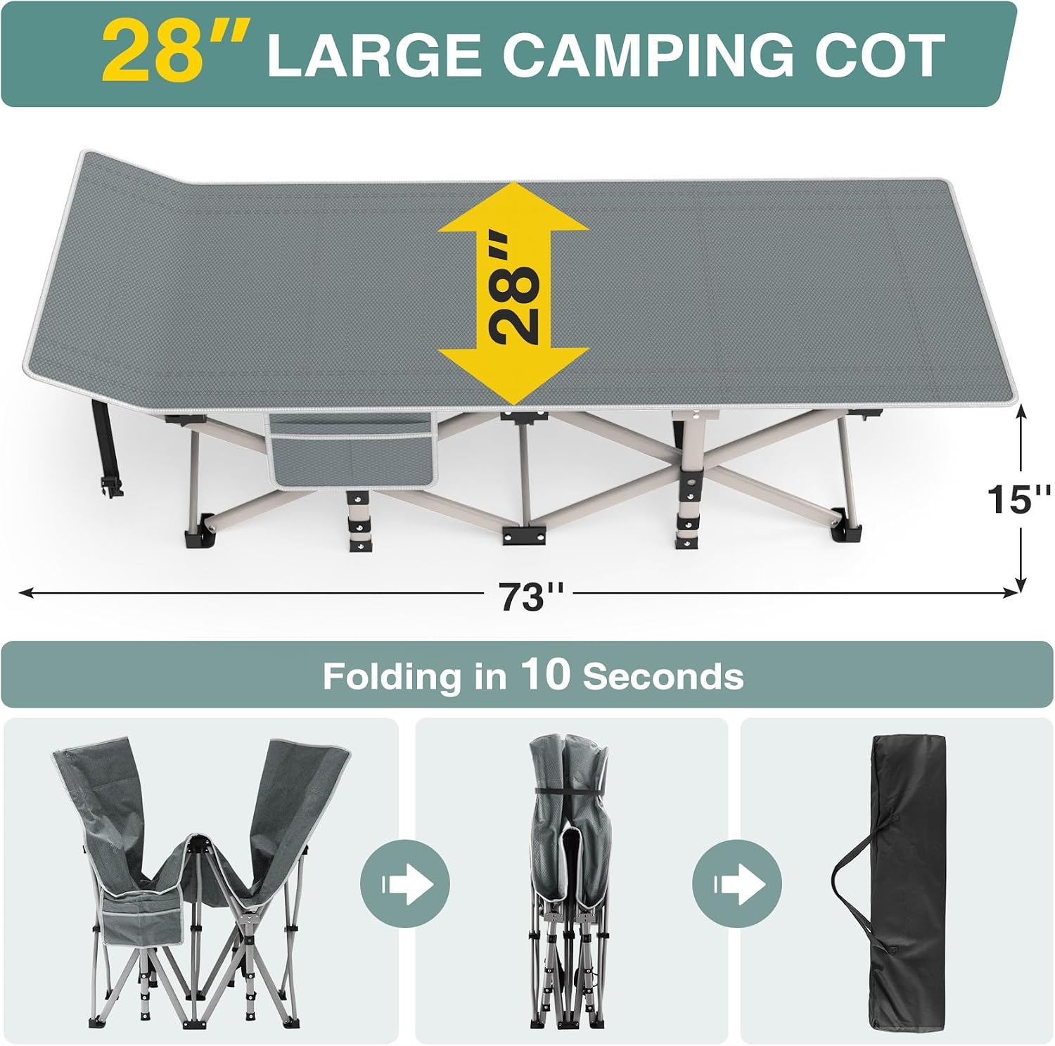 Thumbnail 5 de ZENPETIO 28in Camping Cot, Folding Bed with 1200D Oxford Fabric and 500 lb Capacity