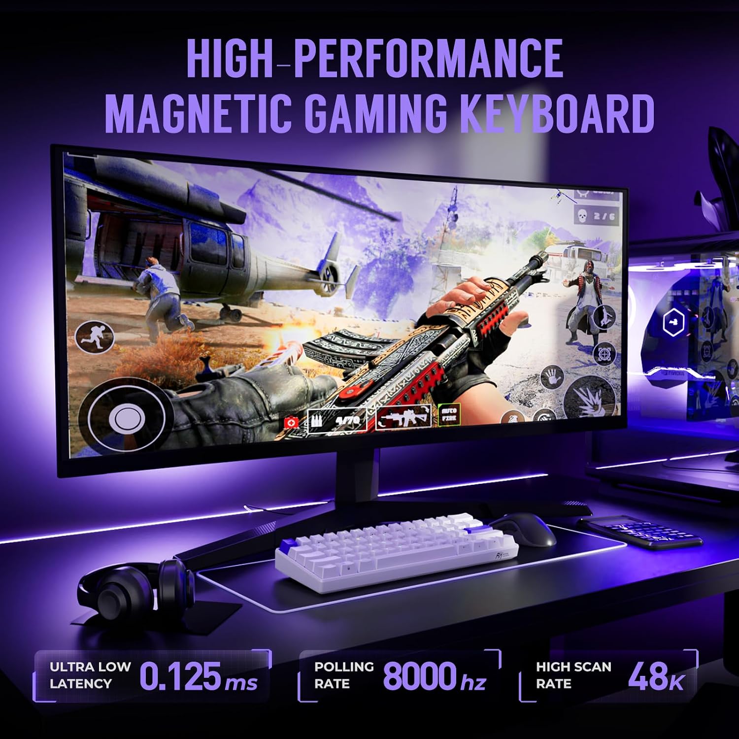 Detalle de RK ROYAL KLUDGE C61 HE Gaming Keyboard: 60% Hall Effect Magnetic Switches, 8000Hz, RGB, White Purple