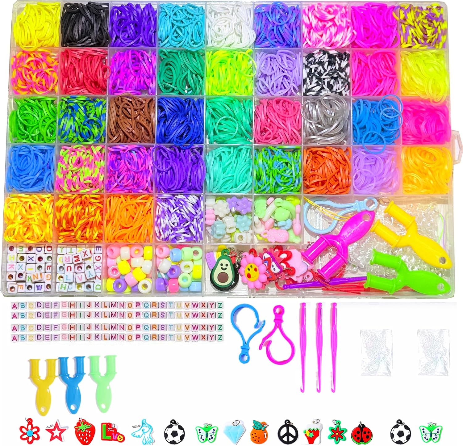 Detalle 2 de JIYAKO 11000+ Rubber Band Bracelet Kit (28 Colors) with Loom, Clips, Beads, Charms & Storage Case