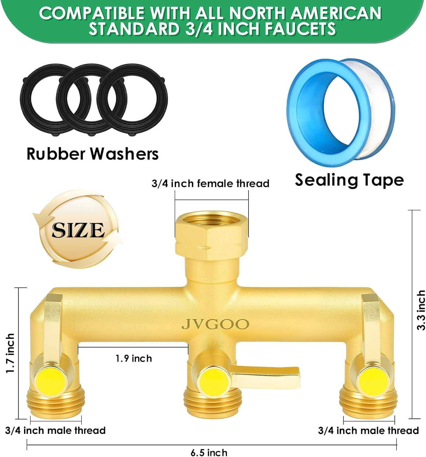 Detalle de Jvgoo 3-Way Brass Garden Hose Splitter with Independent Shutoff Valves