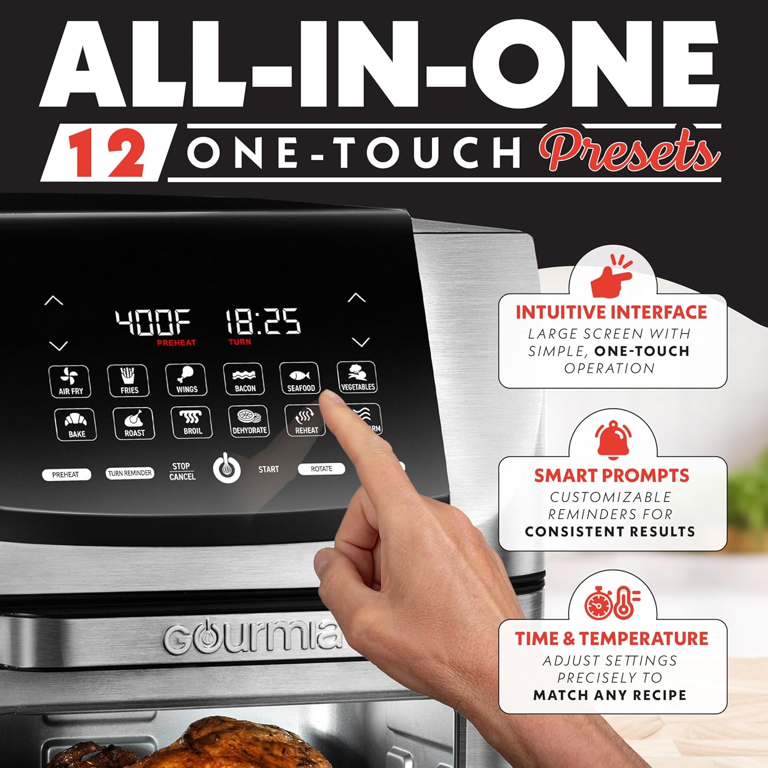 Detalle 2 de Gourmia 14 Qt Air Fryer All-in-One Rotisserie Oven with Digital Display, 12 Presets, 1750W