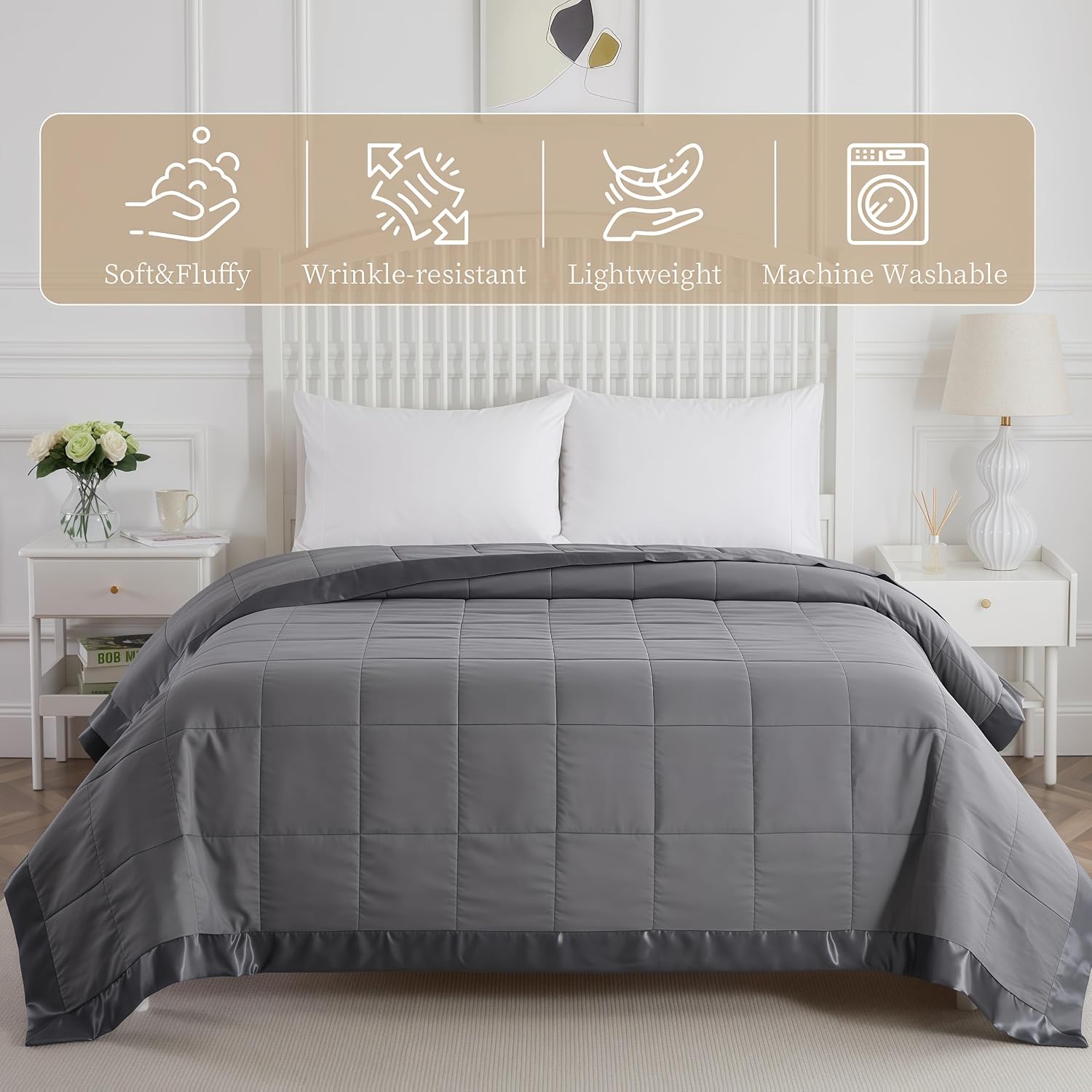 Detalle 2 de COMFLIVE Twin Down Alternative Blanket, Charcoal, Lightweight with Satin Trim