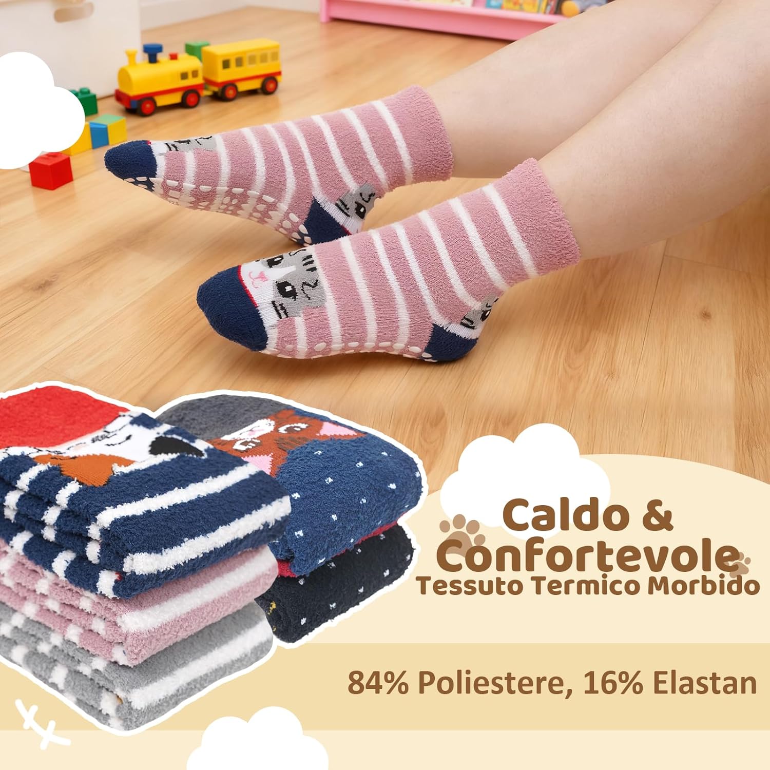 Thumbnail 2 de LOFIR Calzini Invernali Antiscivolo per Bambini — 5 Paia di Pile Doppio lato, con Animali e Righe