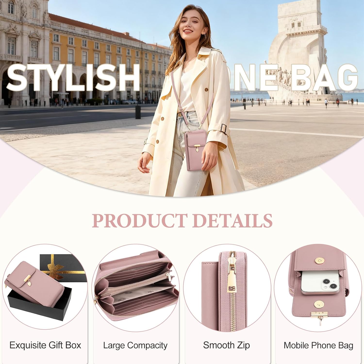 Detalle de ENONEO Porta Cellulare Portafoglio Donna in Pelle PU con Blocco RFID e Tracolla — grande capacità