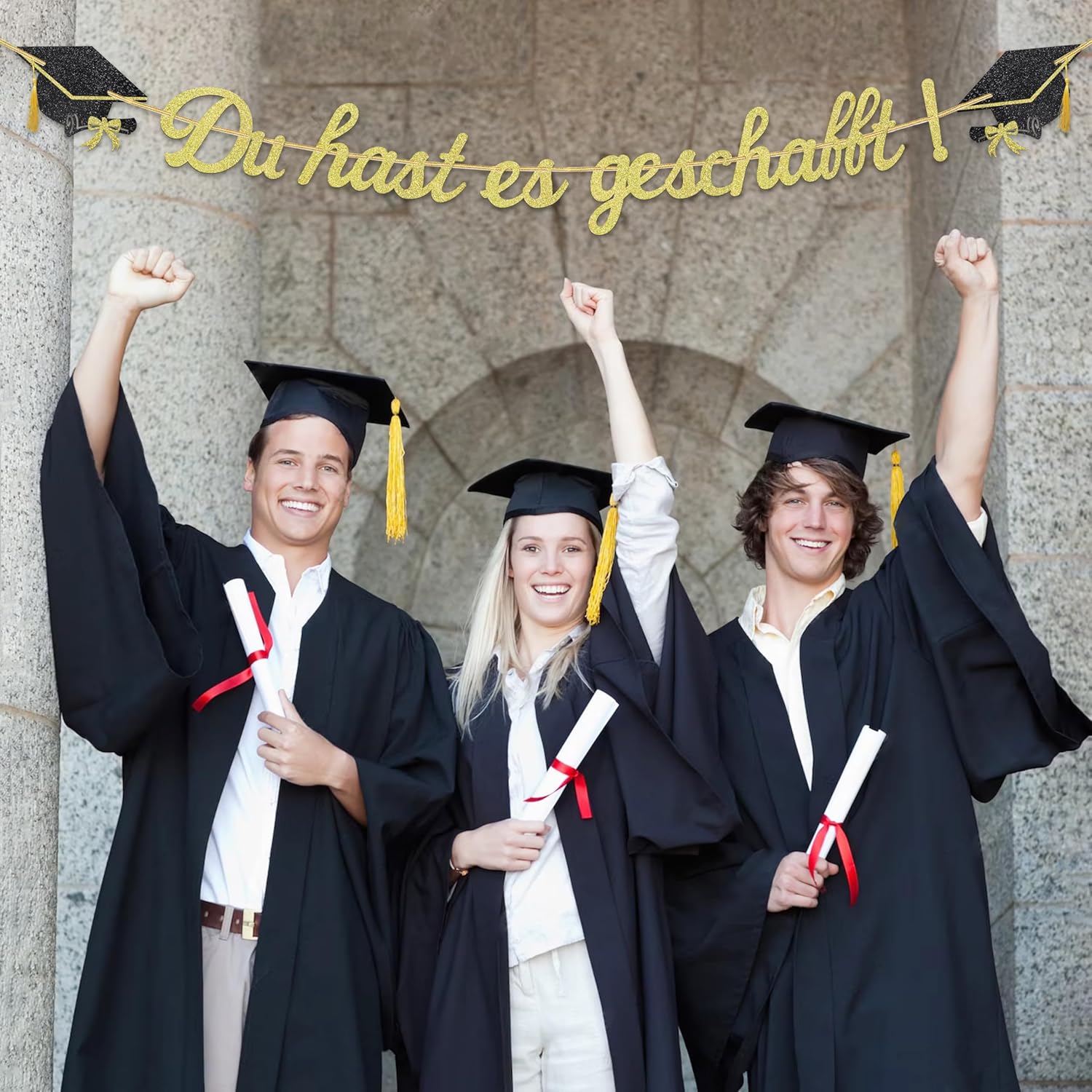 Detalle de Glitzer 2026 Graduation Deko Girlande – Du hast es geschafft Banner (2,5 m) in Gold