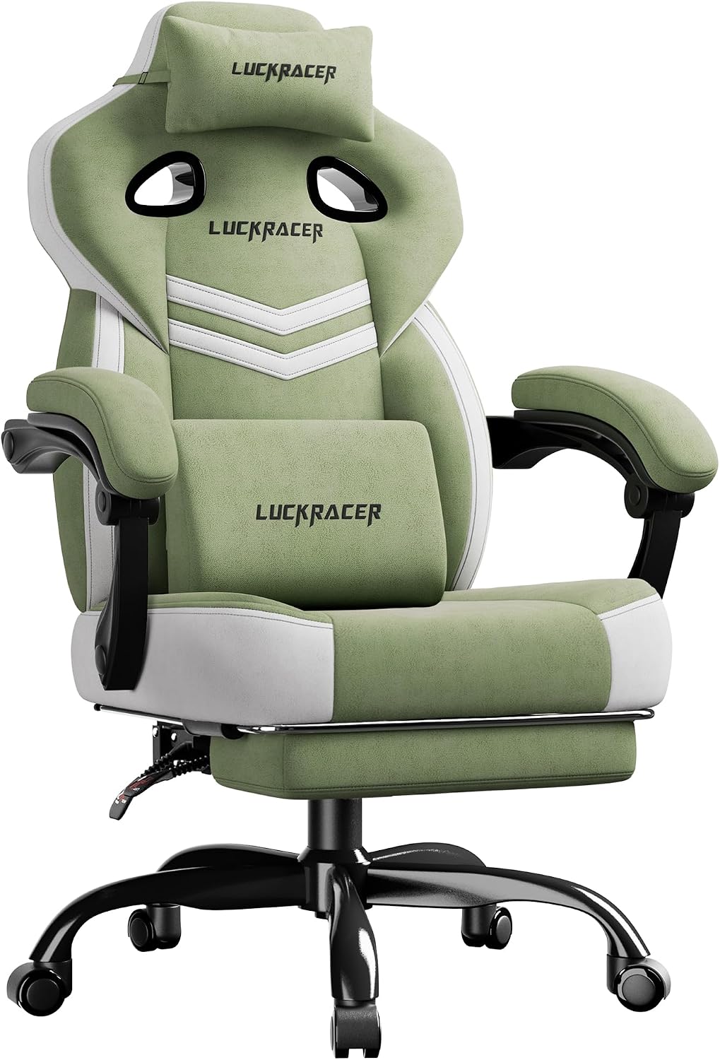 Detalle de LUCKRACER LR408 gamingstoel met traagschuim, voetensteun en groene stoffen bekleding