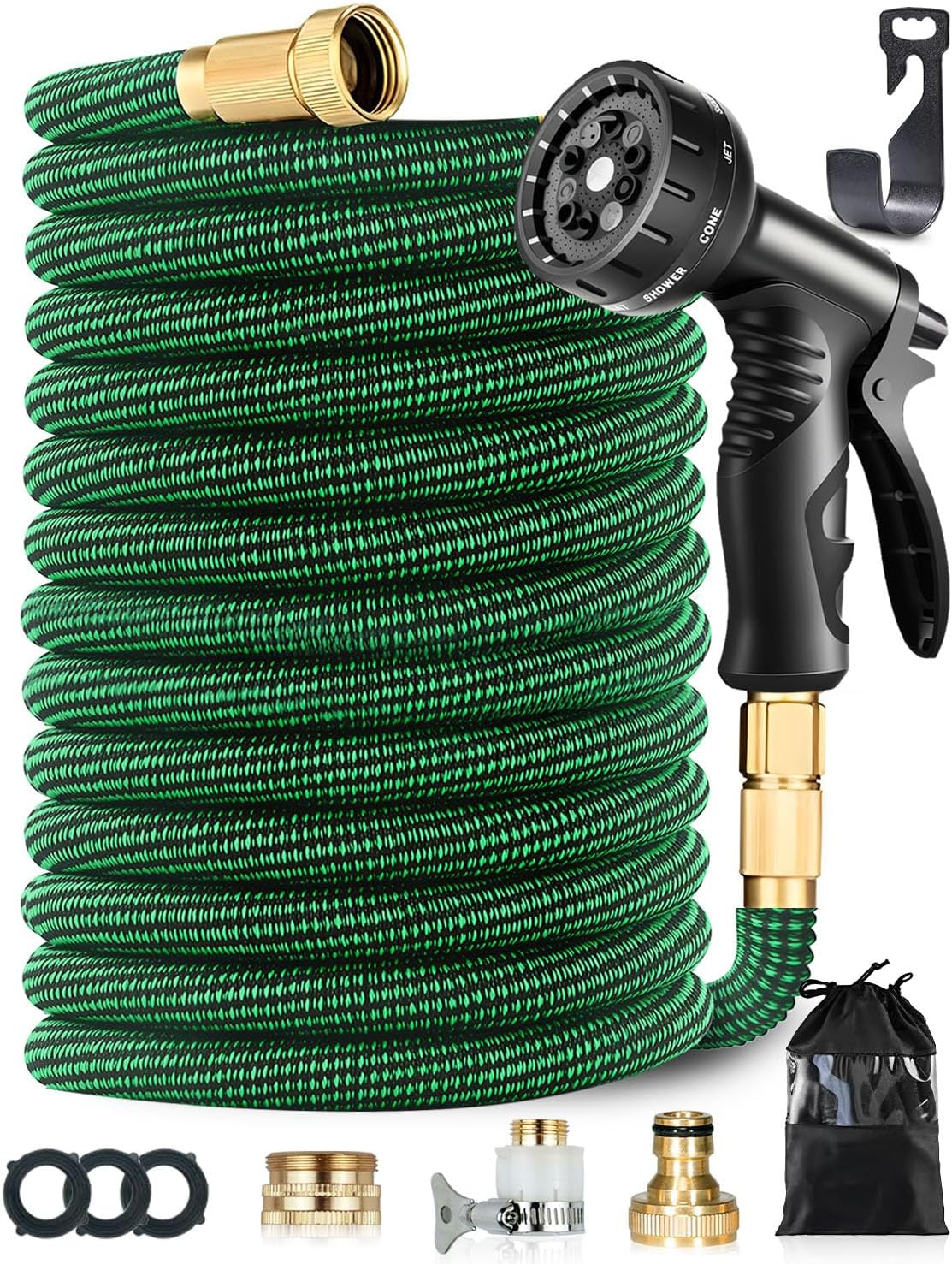 Detalle de 150FT Expandable Garden Hose with 10-Pattern Thumb Control Nozzle and 3/4" & 1/2" Connectors
