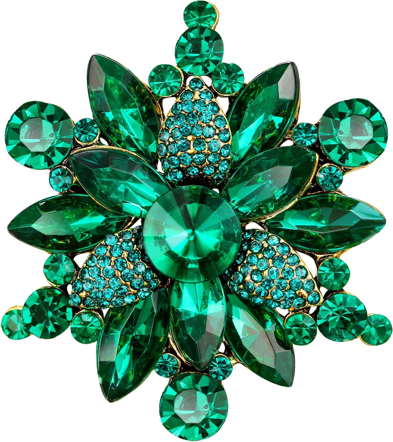 Thumbnail 5 de Broche fleur Clearine en cristal autrichien et strass, style art déco (marquise) vert émeraude et ton antique or