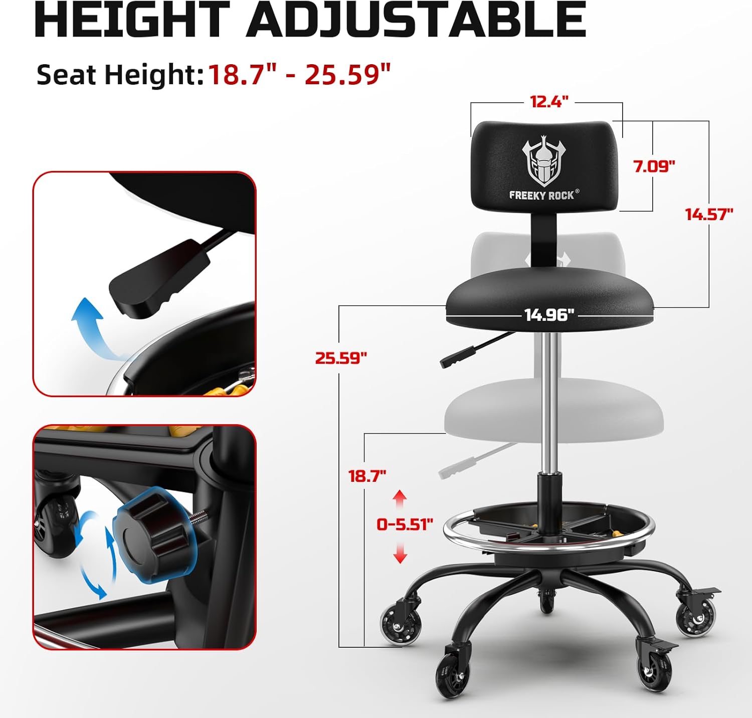 Detalle 2 de Rolling Shop Stool with Wheels 330 lbs capacity