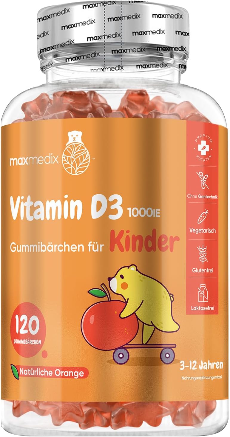 Detalle de maxmedix Vitamin D3 Kinder Gummibärchen mit Orangengeschmack (1.000 IE, 120 Stück) – für Kinder von 3 bis 12 Jahren